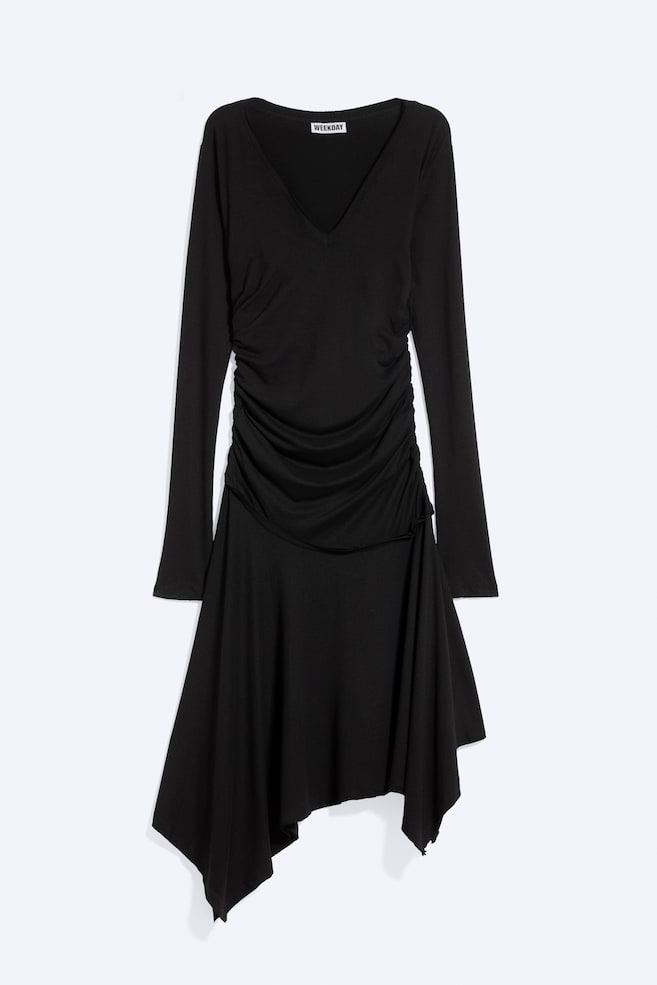 Draped V-Neck Midi Dress - Black - 1