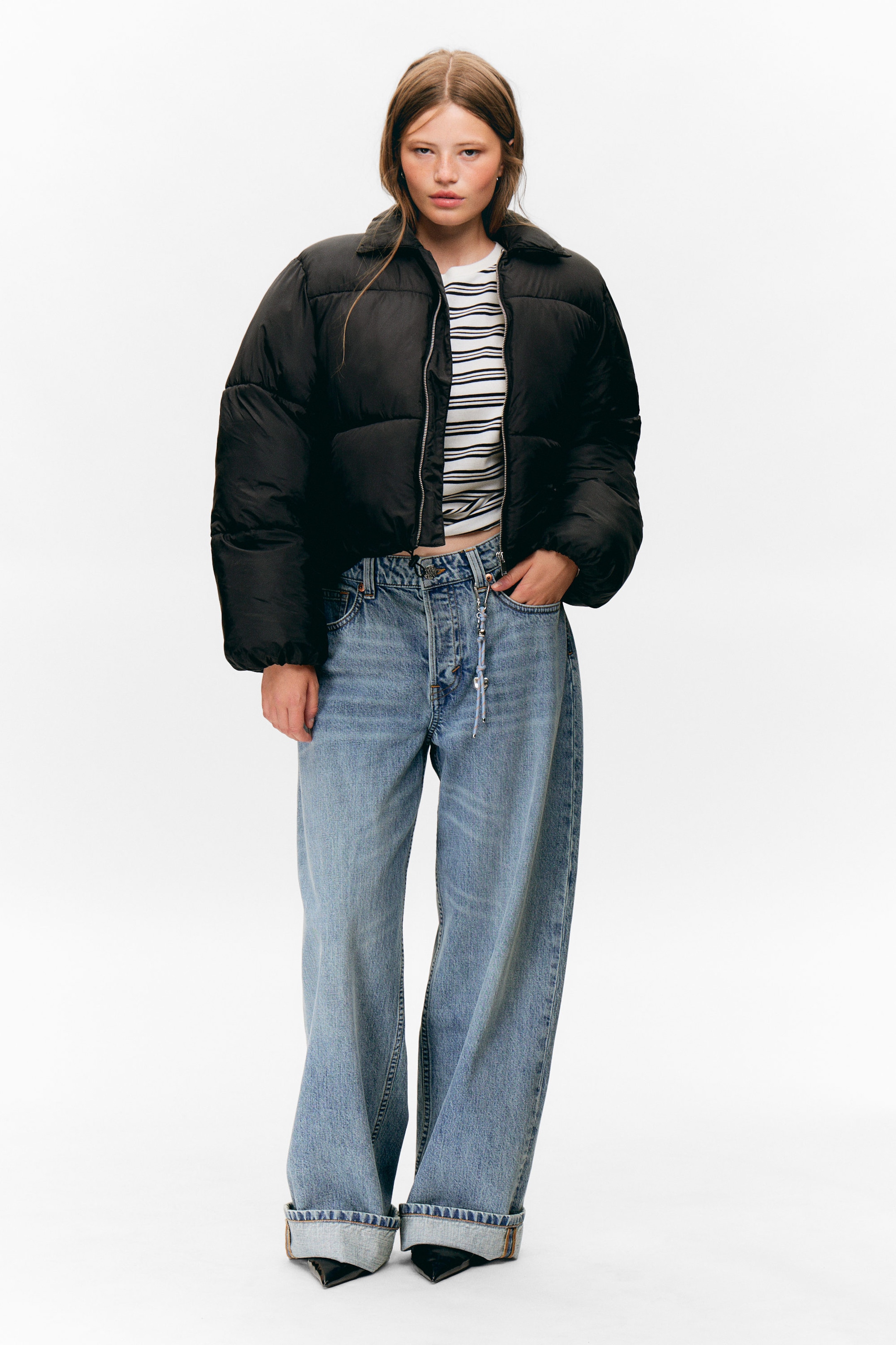 Schwarz - Pufferjacke mit Kragen - 2