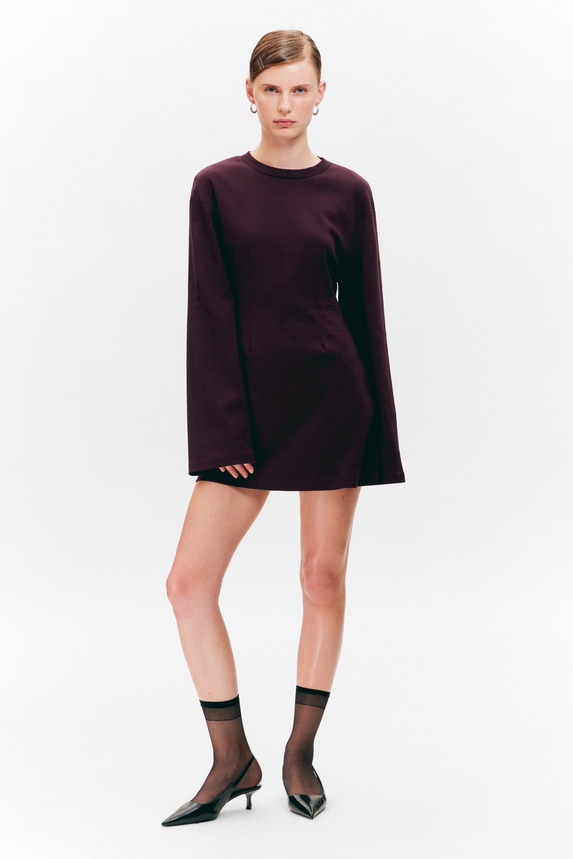 Dark Plum - Long-Sleeved Cotton Mini Dress - 1