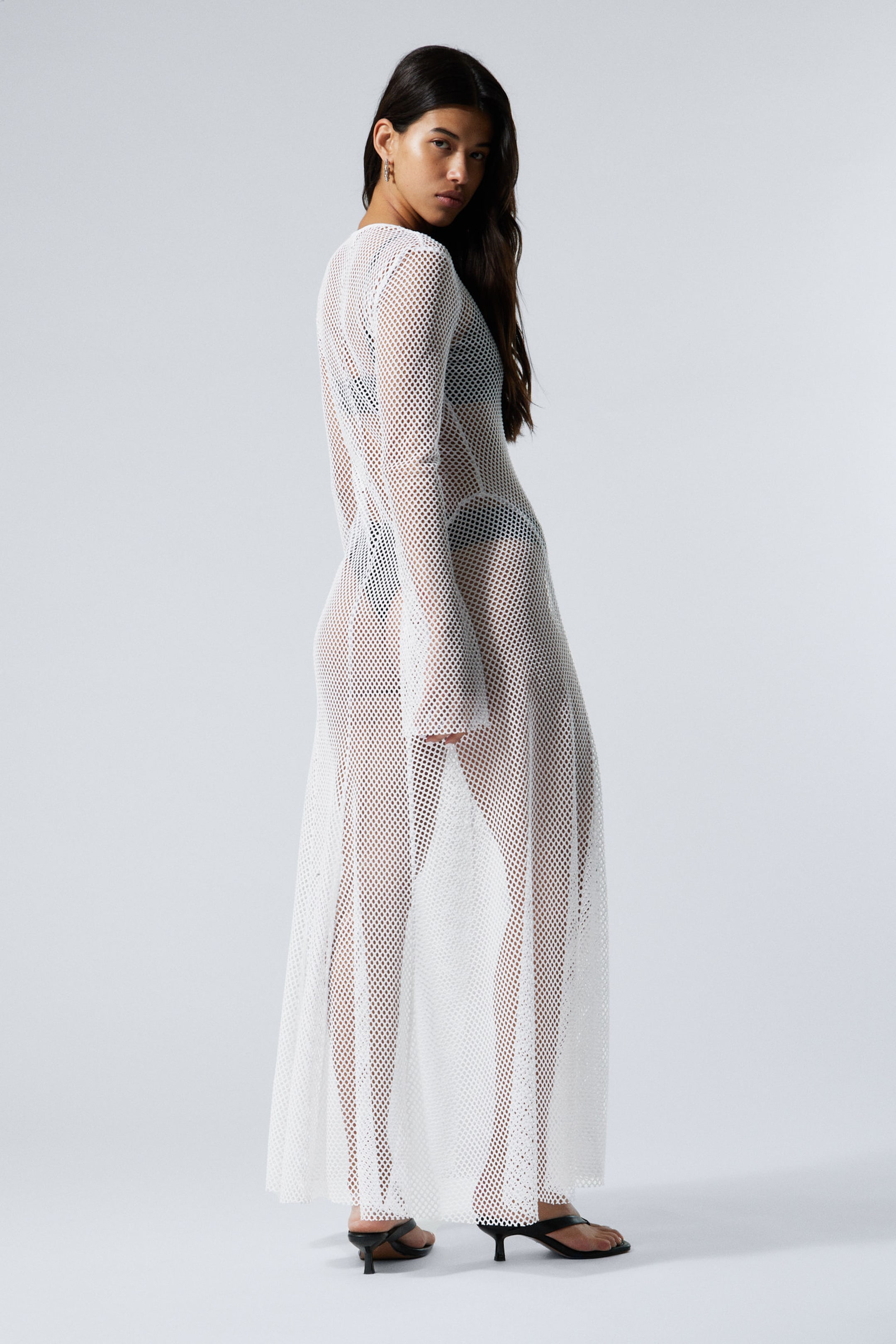 White - Long-Sleeved Net Maxi Dress - 2