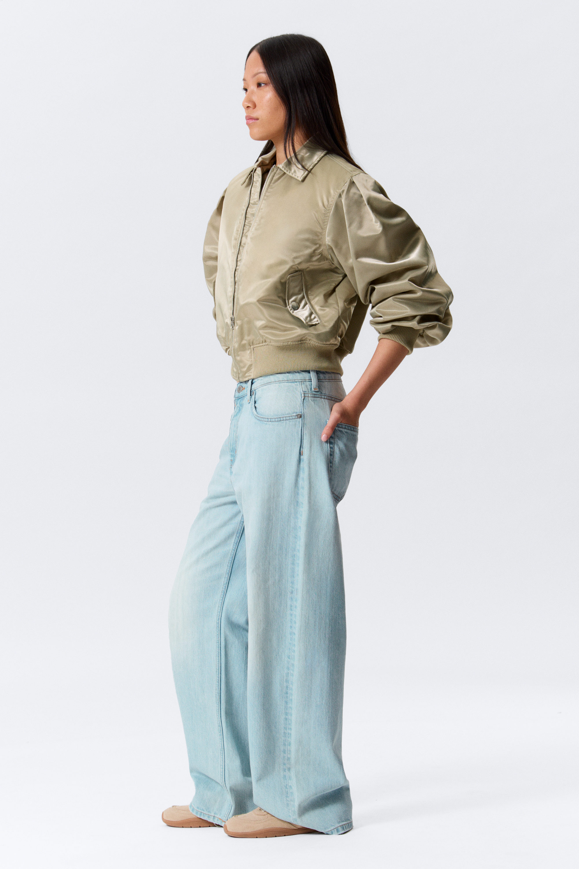 yulia b loose nylon bomber jacket - Light Khaki Green | Monki GB