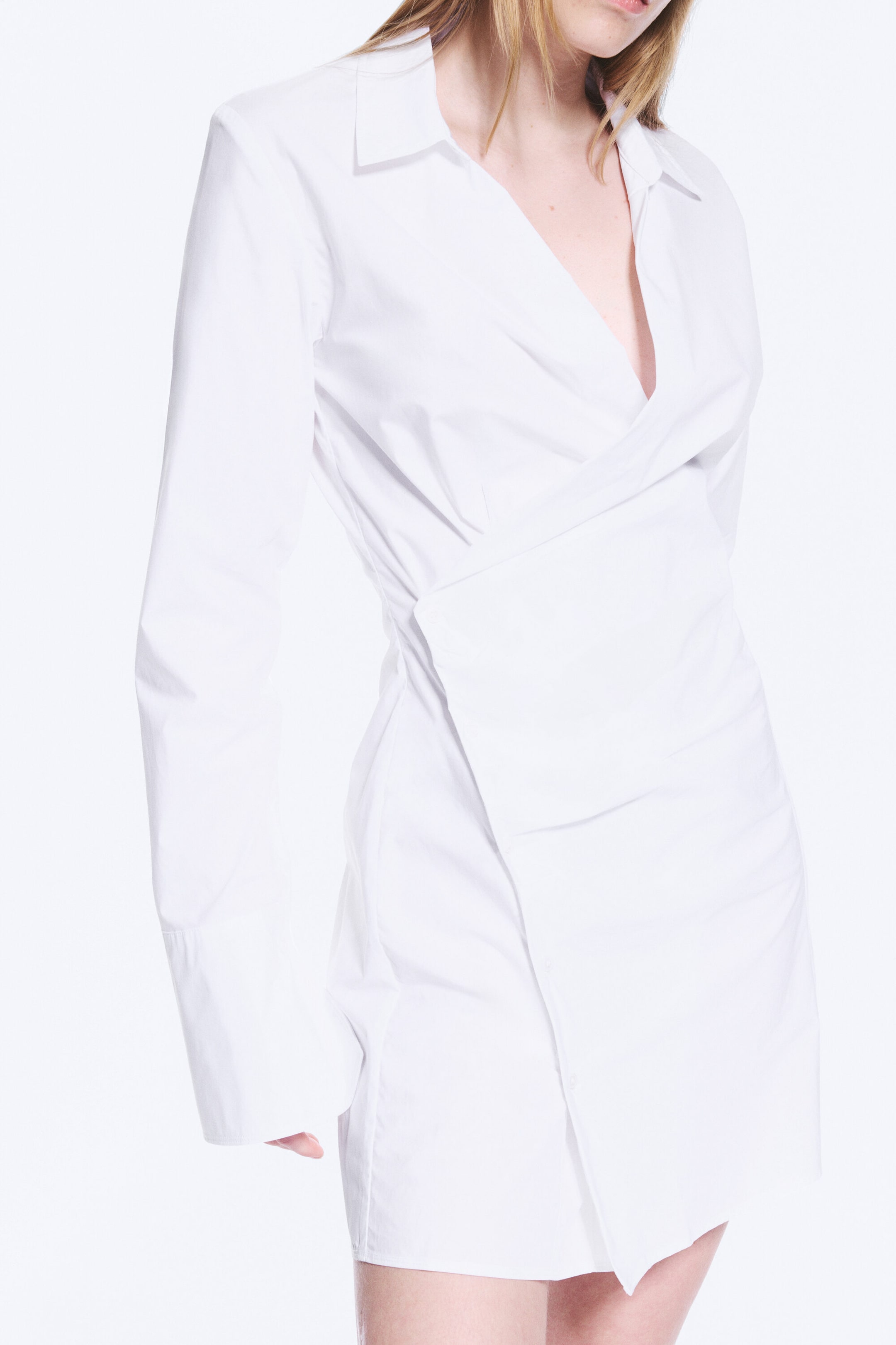 White - Long-Sleeved Asymmetric Mini Shirt Dress - 2