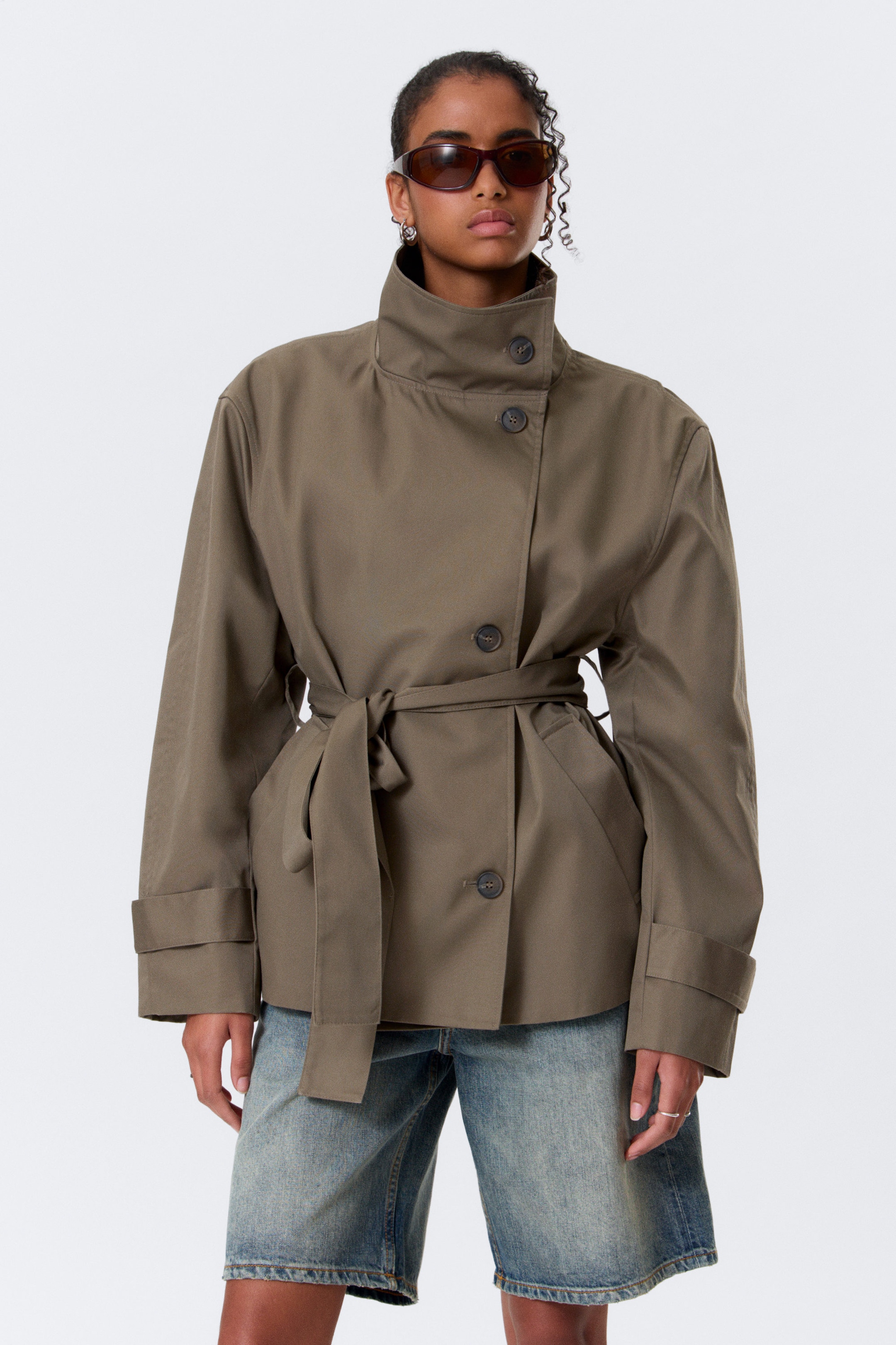 Gris cendré - Trench court oversize à col cheminée - 2