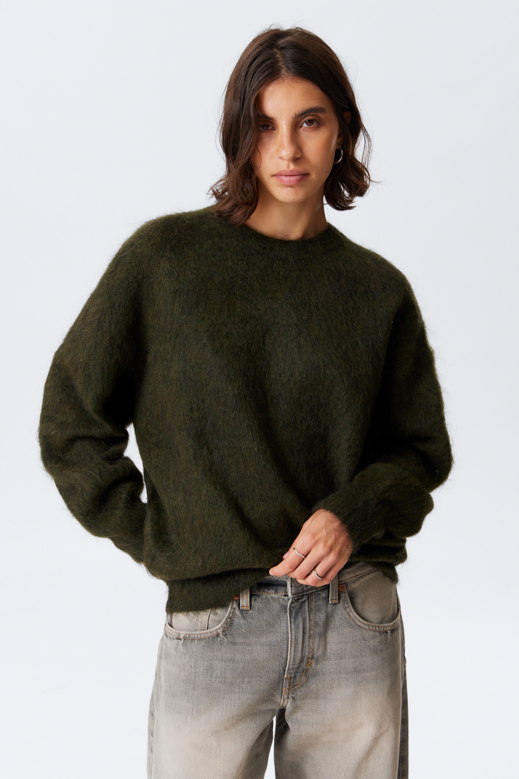 Oversized Knitted Mohair Blend Sweater - Tmavě zelená/Hnědá/Tmavě modrá melange/Béžová