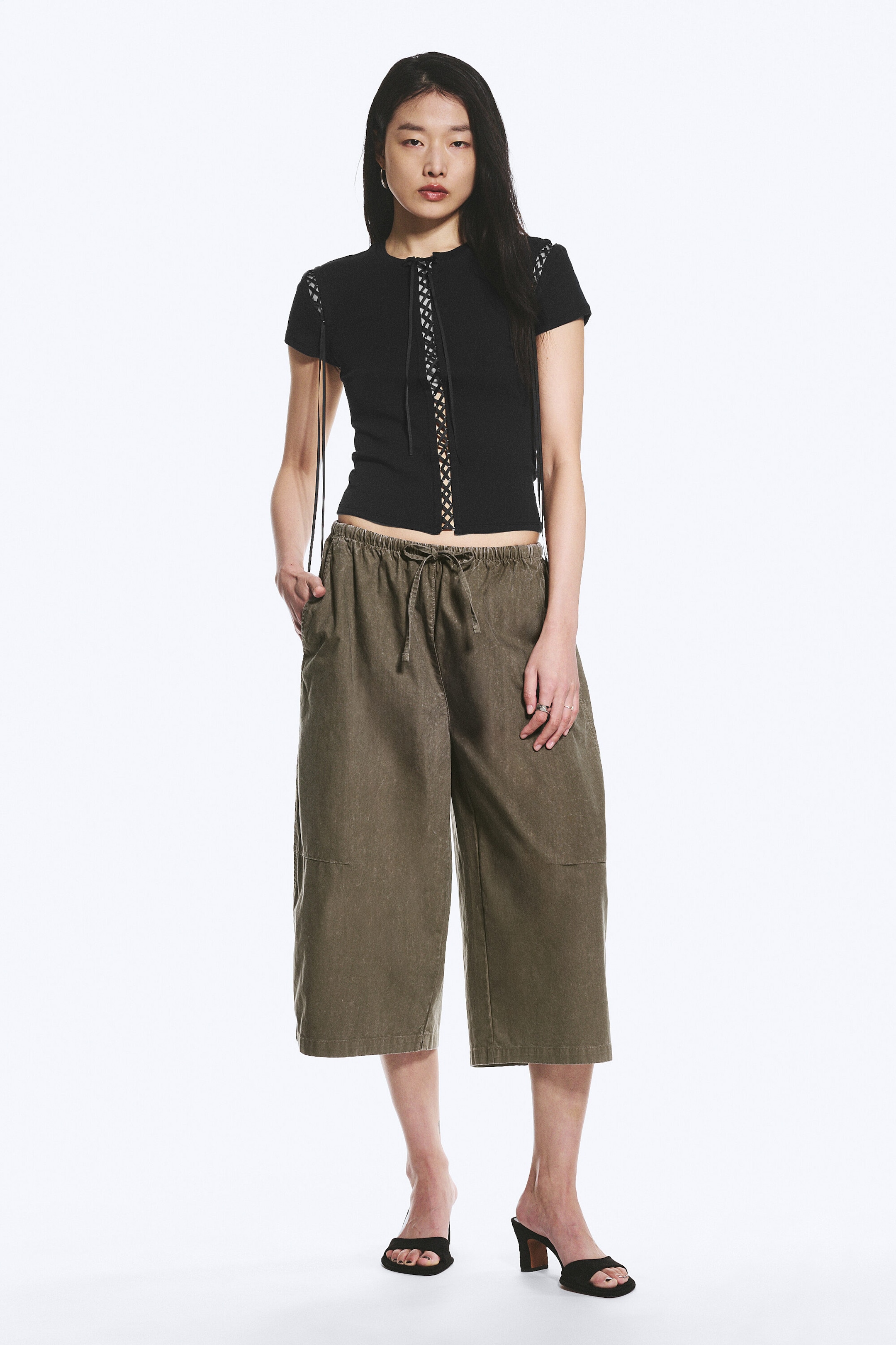 Noir - T-shirt côtelé à liens croisés - 2