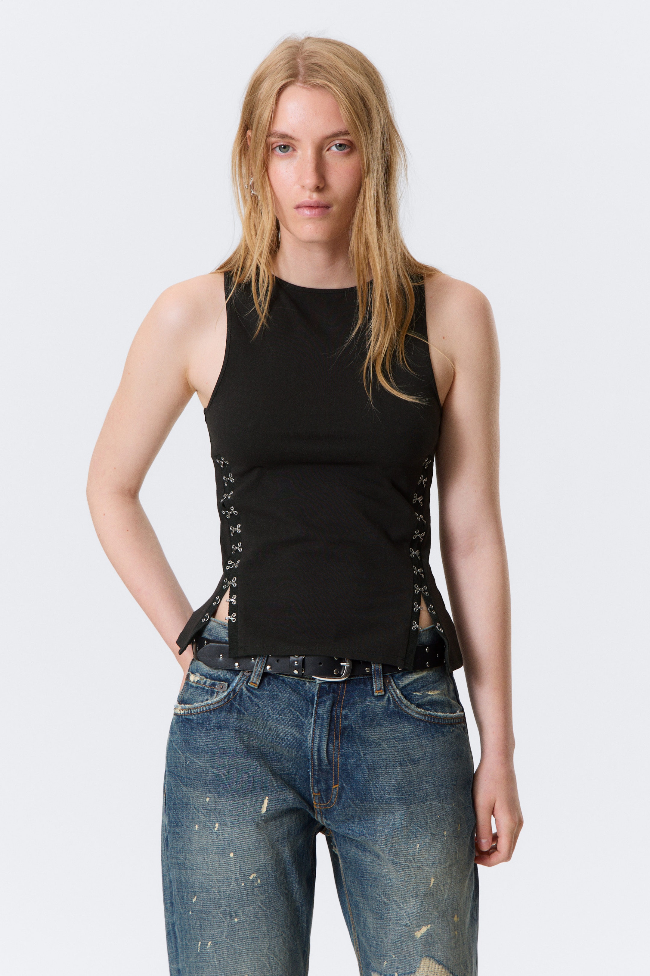 Black - Fitted Hook & Eye Tank Top - 1