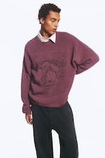 Burgundy - Oversized Graphic Knitted Cotton Sweater - 0