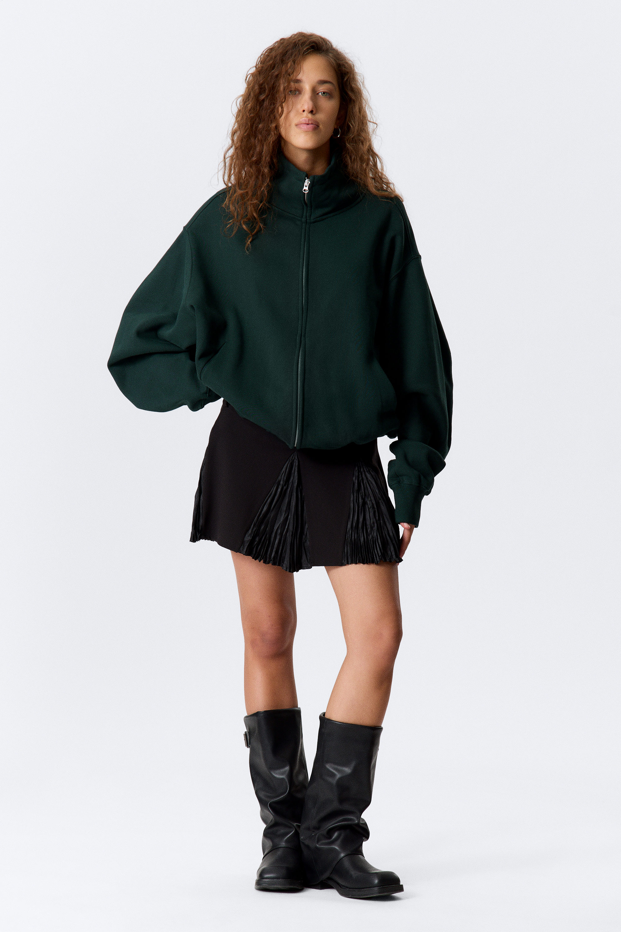 Dark Green - Heavyweight Funnel Neck Zip Sweater - 1