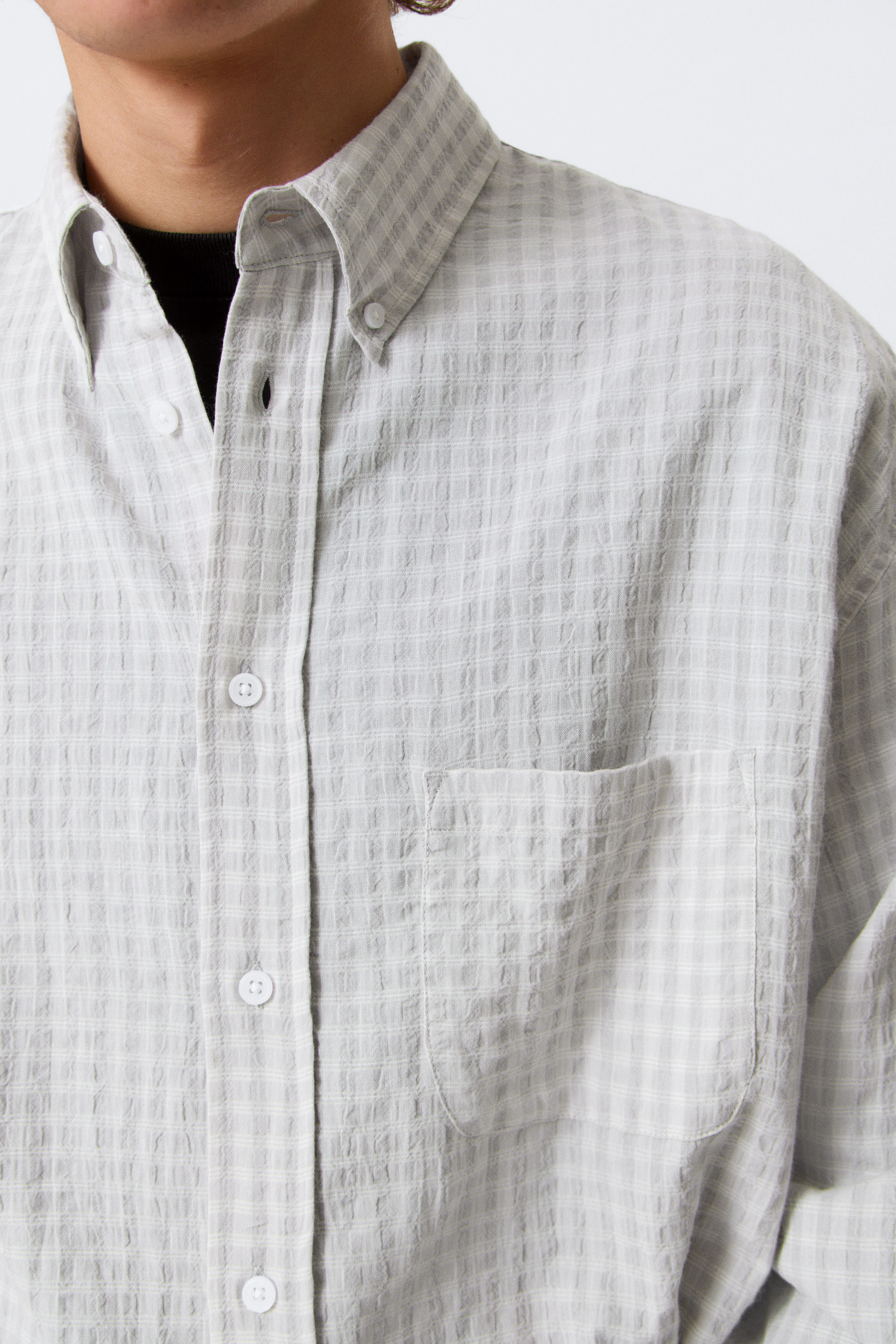 Checked Grey - Loose Structured Button-Down Shirt - 2