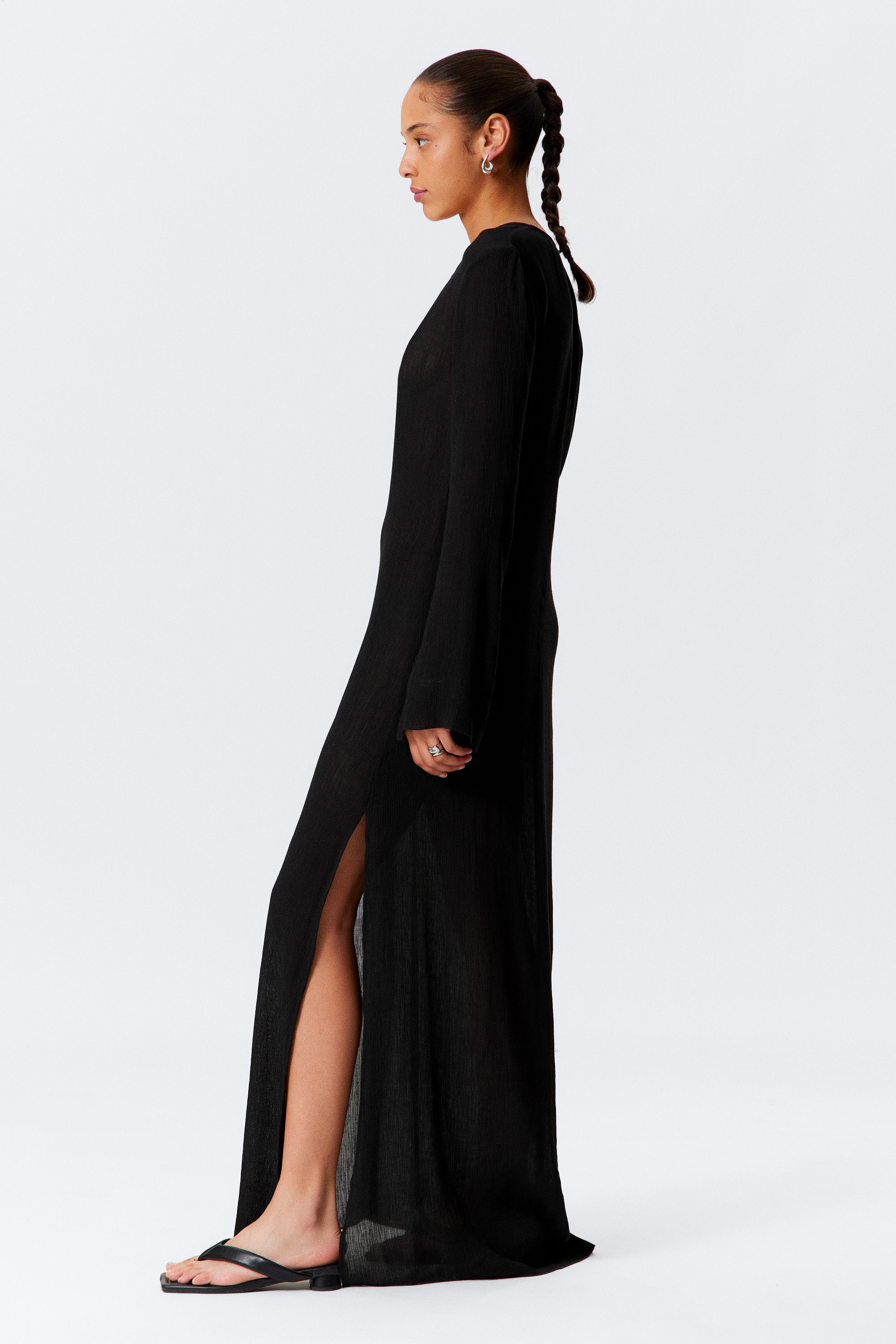 Black - Sheer Long-Sleeved V-neck Maxi Dress - 2
