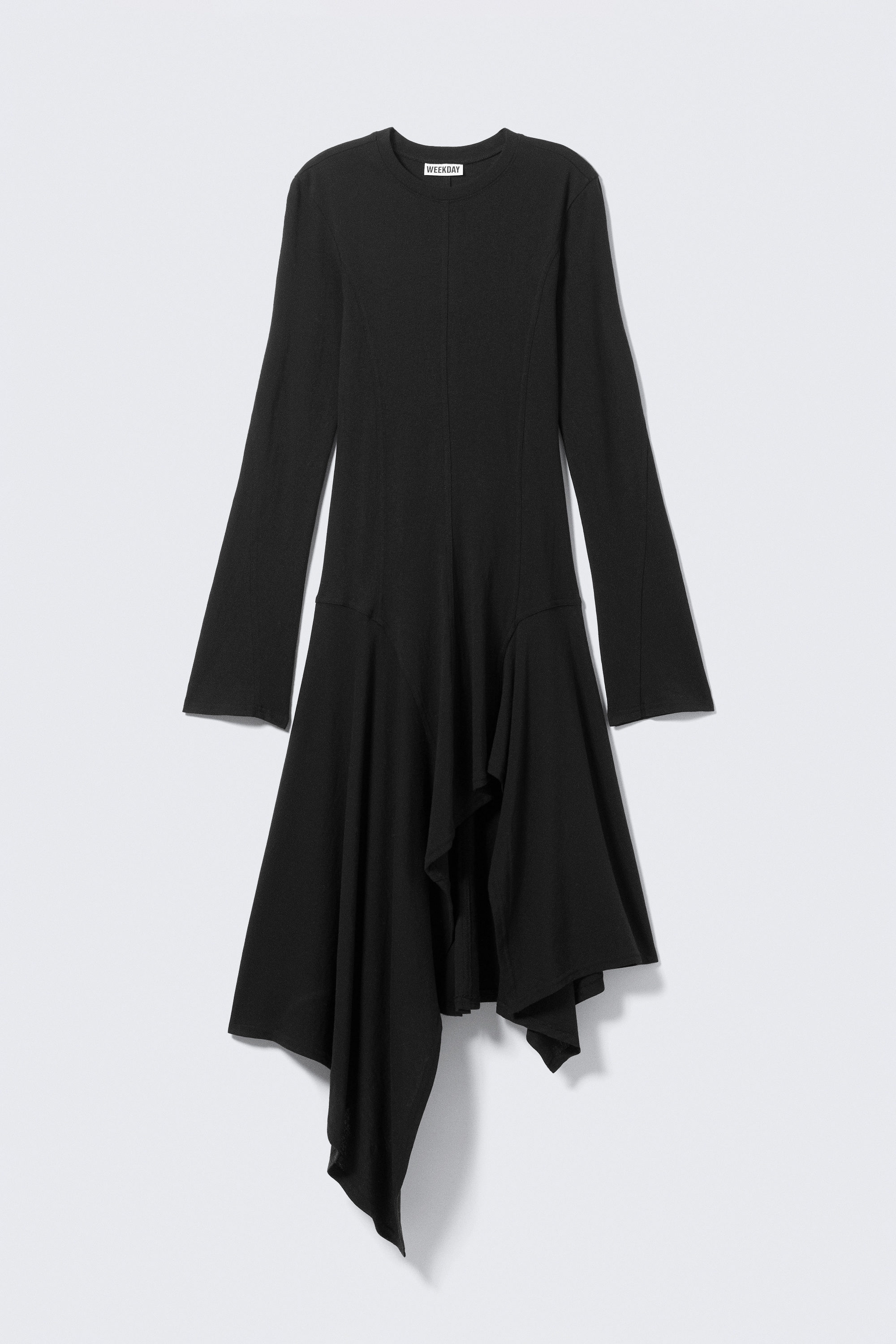 Black - Long-Sleeved Asymmetric Midi Dress - 1