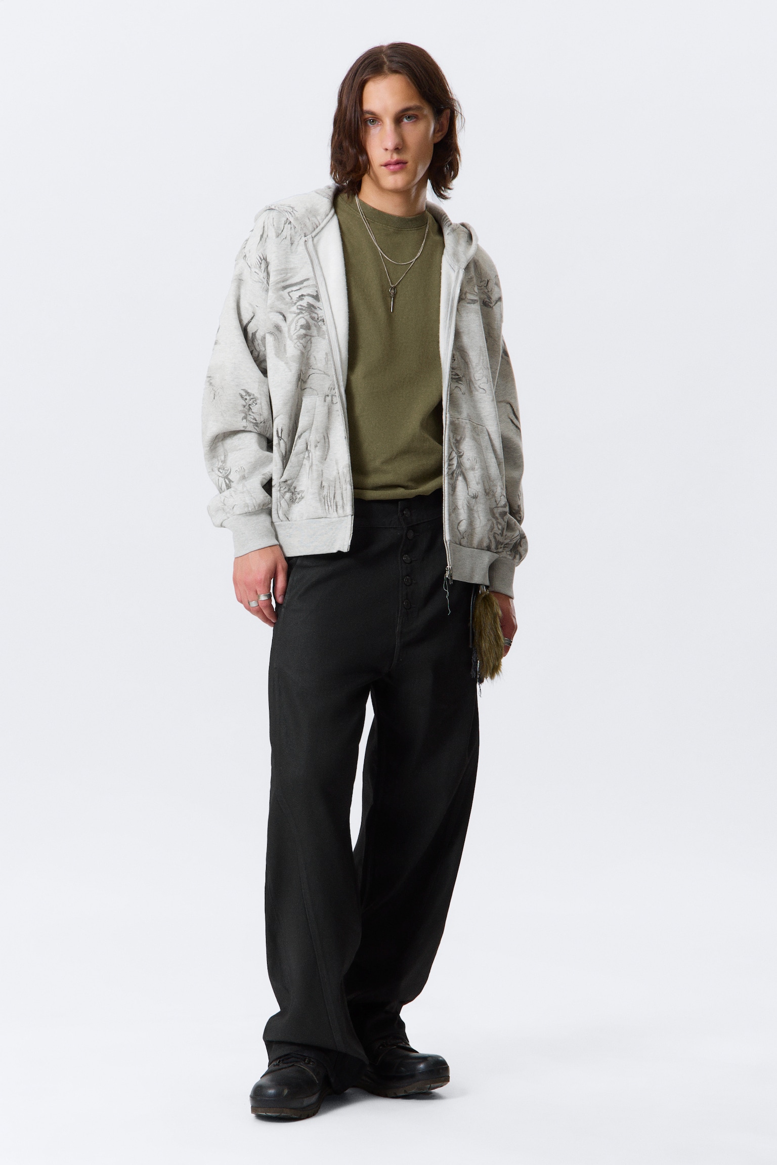 Bluza z kapturem Square Graphic Zip - Grey Melange - Nadruk Bazgroły - 5