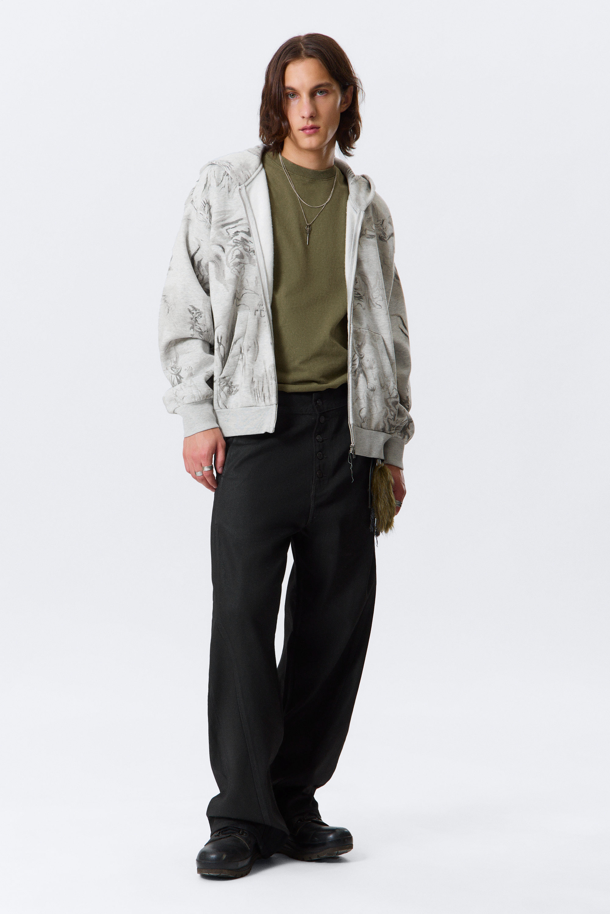 Grey Melange - Scribble Print - Square Graphic Zip Hoodie - 2