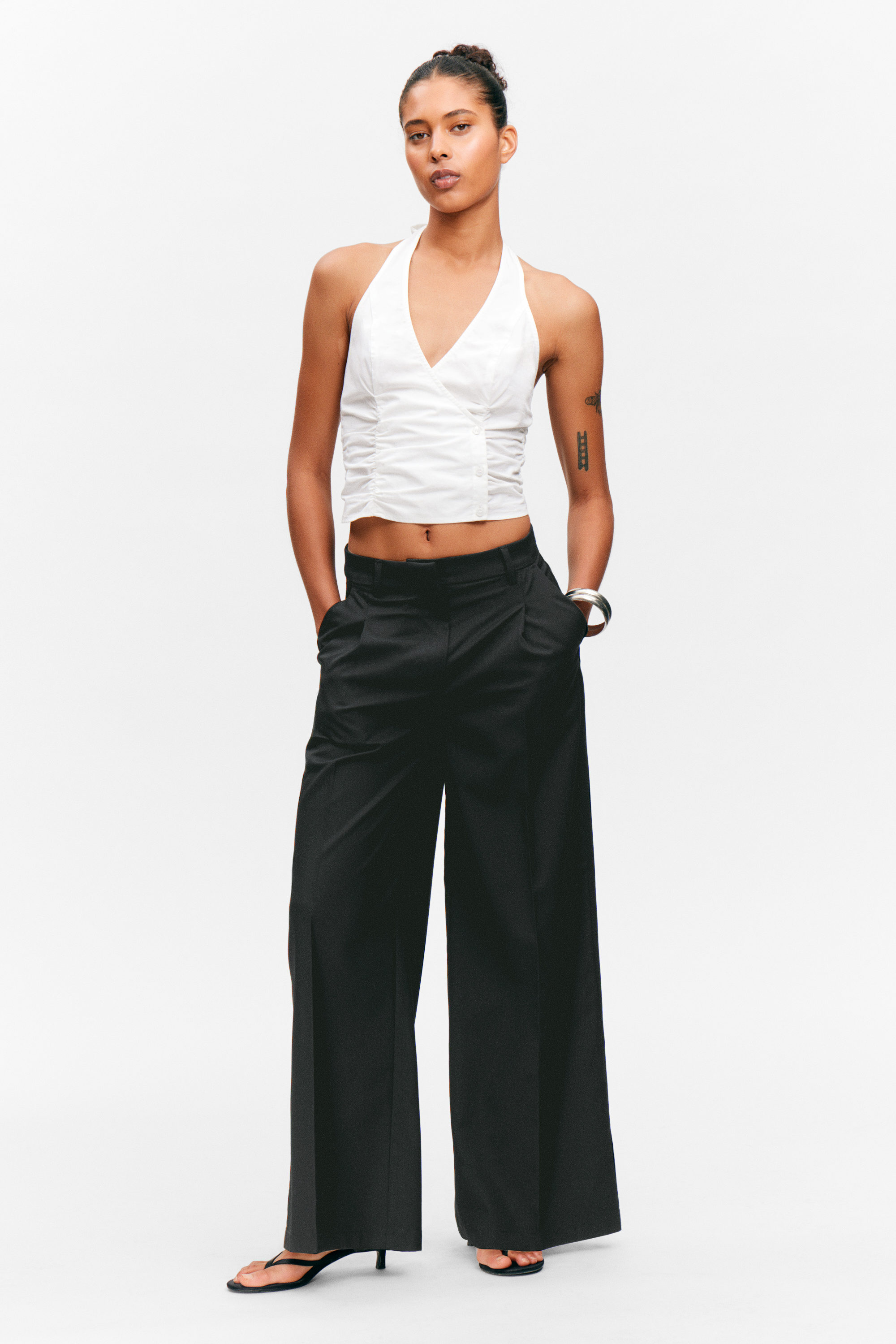 Black - High Waisted Wide Leg Suiting Trousers - 1