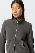 Washed Dark Grey - Fitted Funnel-Neck Zip Sweatshirt - 1