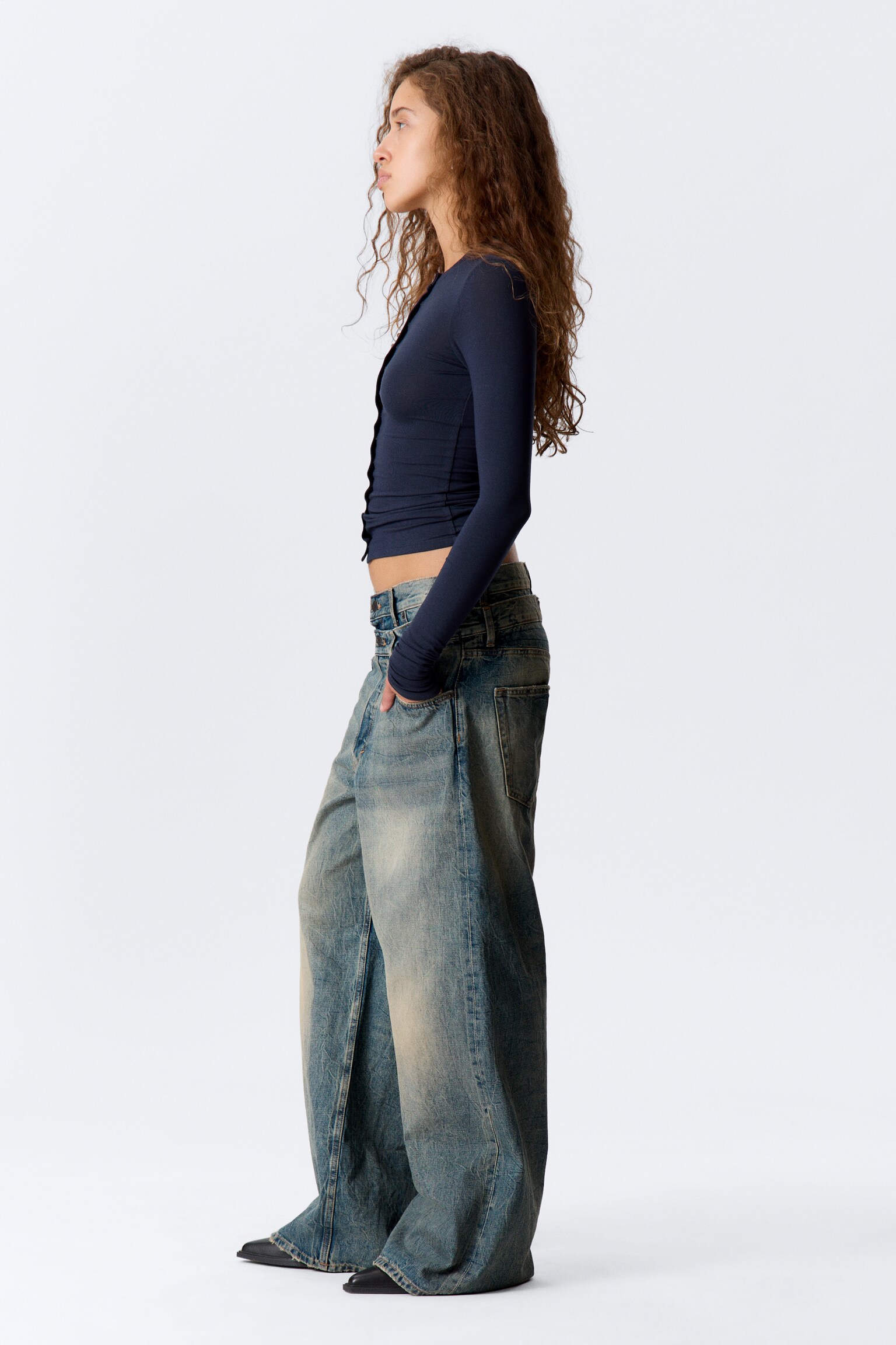 Dual Waistband Wide Leg Jeans - Arizona Blue - Medium Blue - 3