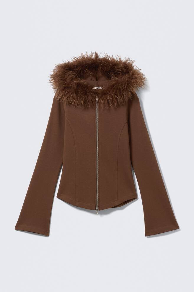 Fitted Zip Hoodie with Faux-Fur Trim - Brown - 1