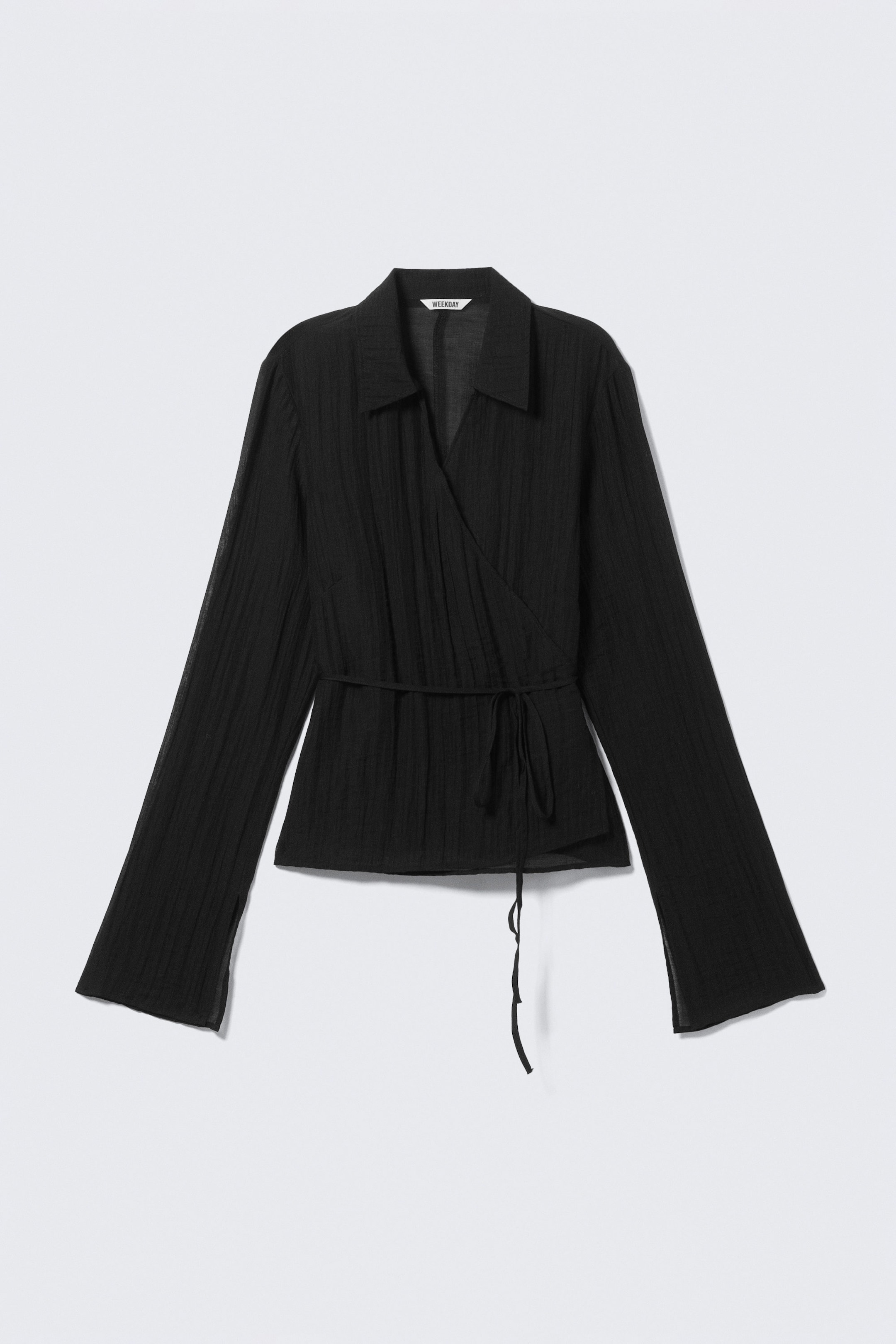 Transparent Black - Textured Long-Sleeved Wrap Shirt - 4