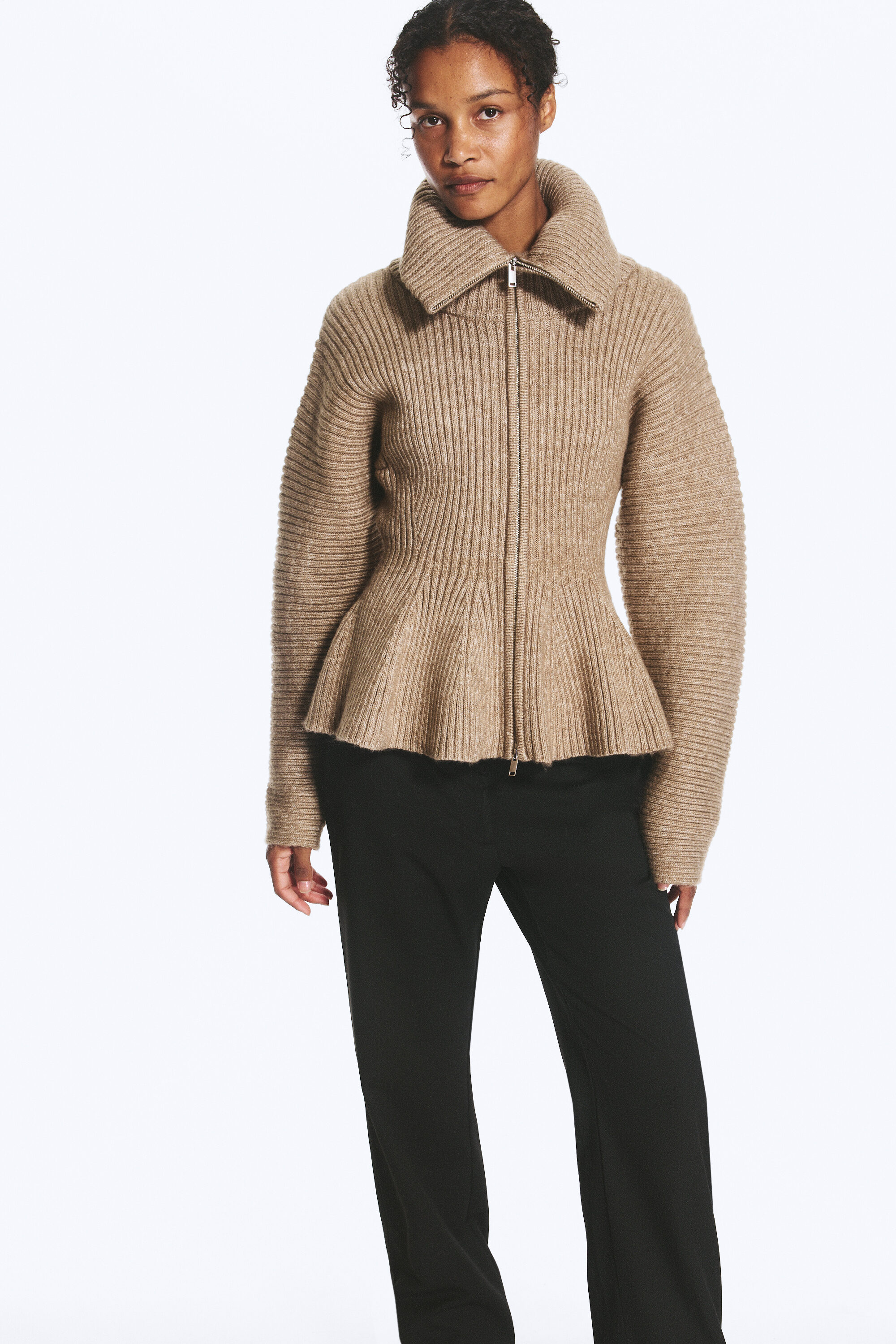 rib knit peplum zip sweater - Dusty Mole | Monki EU