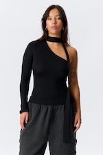 Black - One-Shoulder Long-Sleeved Tie Top - 0