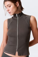 Dunkelgrau - Geripptes Zip-Top mit Stehkragen - 1