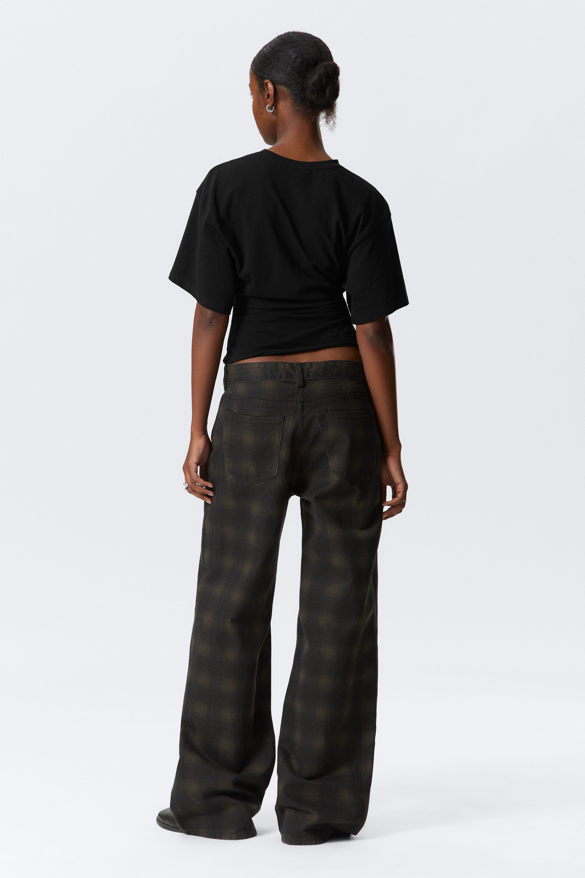 Dark Brown Haze - Low Rise Straight Leg Checked Twill Trousers - 3