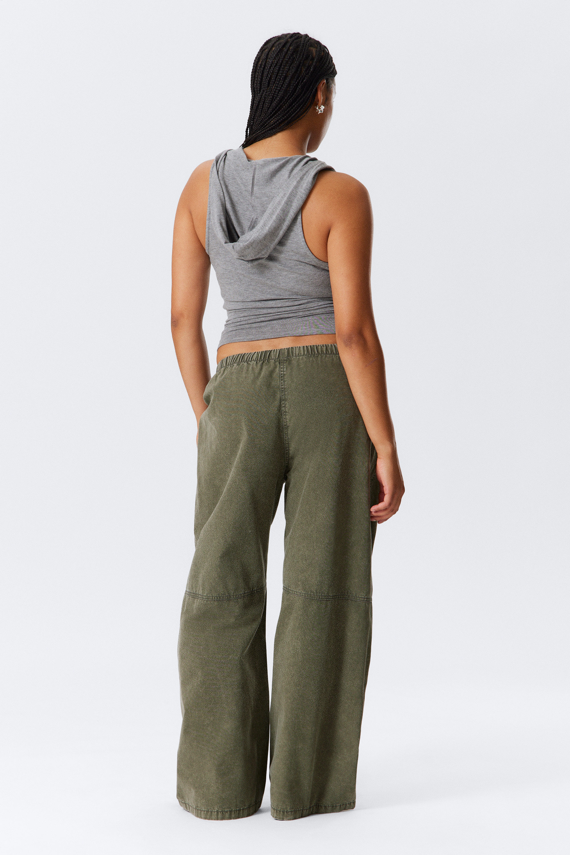 Washed Dark Khaki Green - Low Rise Baggy Washed Canvas Trousers - 2