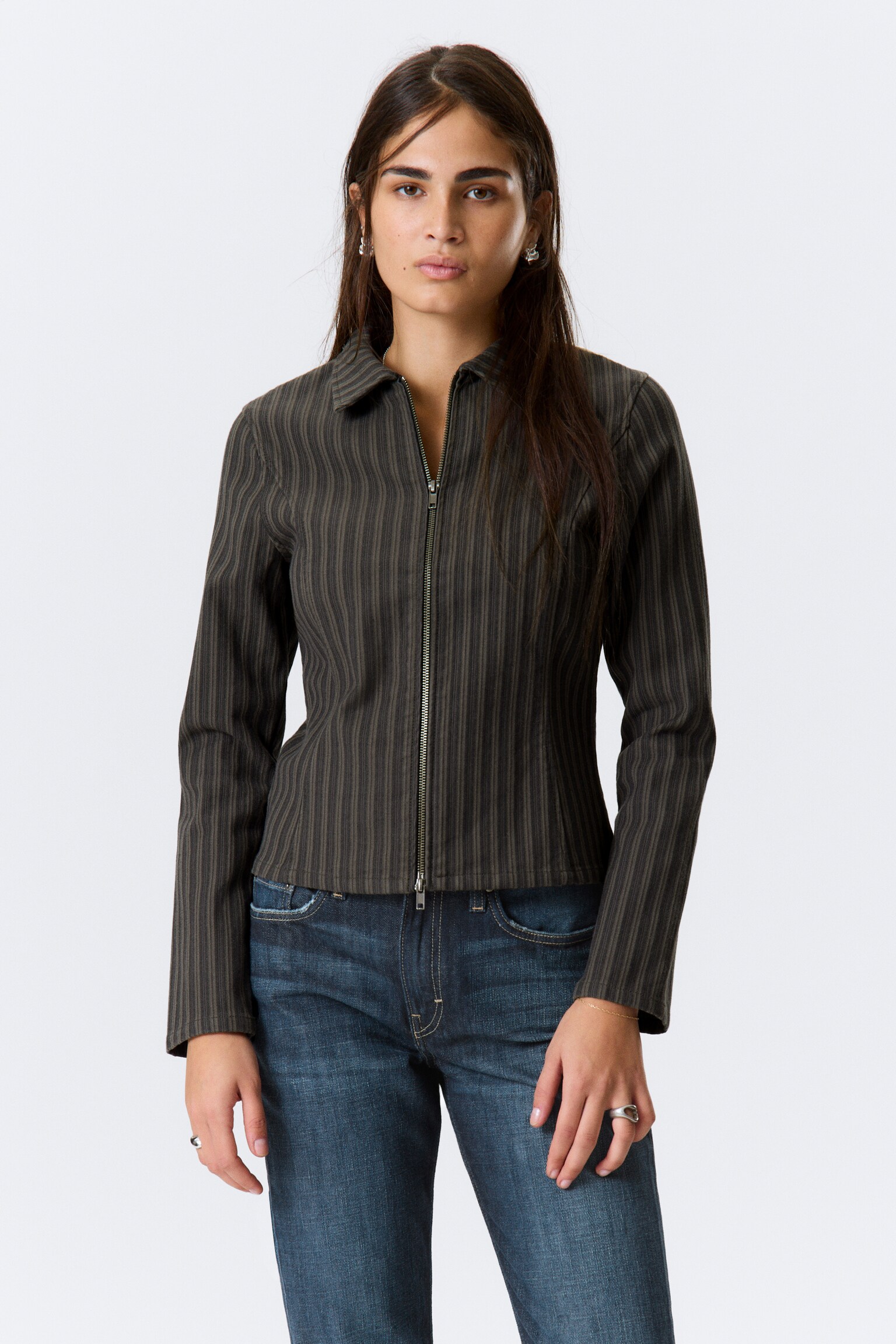 Veste zippée ajustée en velours côtelé - Gris foncé rayé/Velours côtelé marron - 4