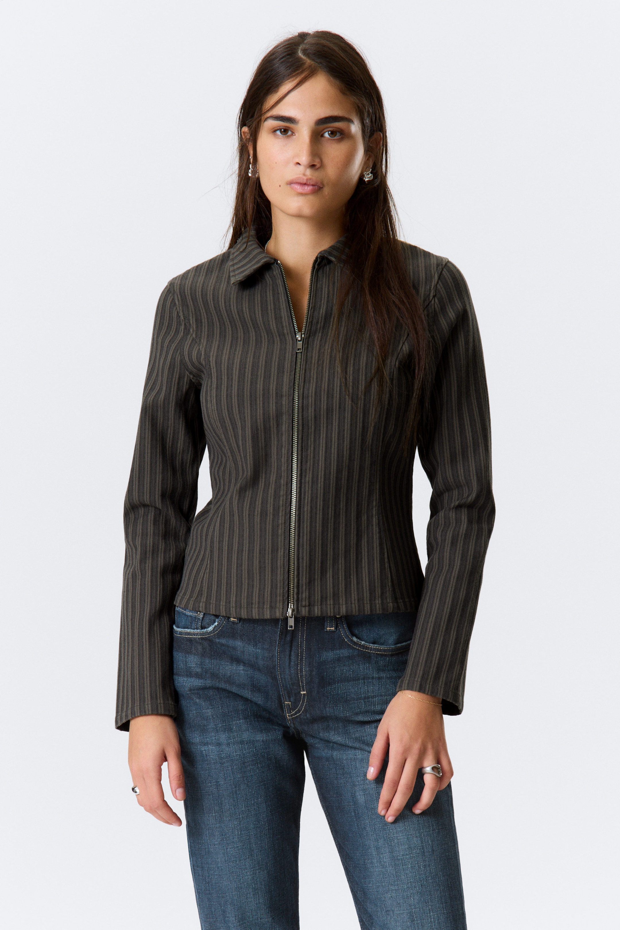 Striped Dark Grey - Fitted Corduroy Zip-Up Jacket - 2