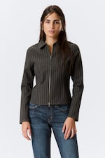 Striped Dark Grey - Fitted Corduroy Zip-Up Jacket - 1