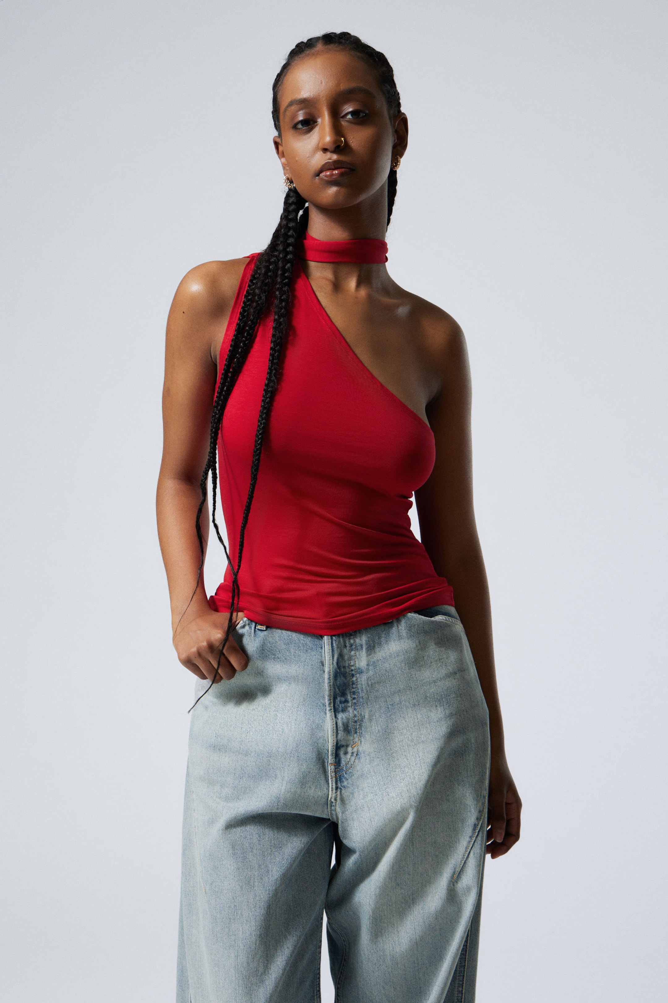 Rot - Lyocell One-Shoulder-Top zum Binden - 1