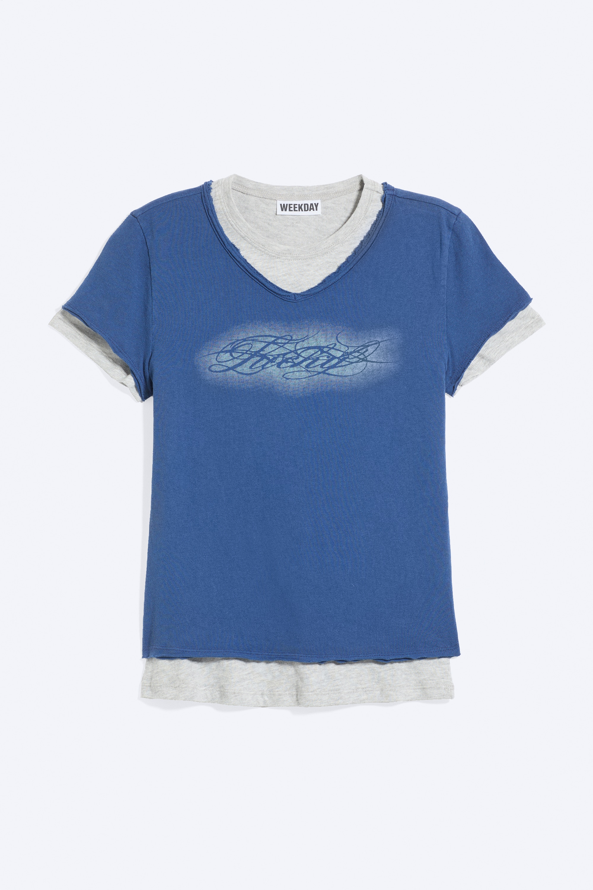La modella indossa una T-shirt a doppio strato, caratterizzata da uno strato esterno a maniche corte blu con una stampa grafica sbiadita sul petto. Questo strato esterno Ã¨ abbinato a una T-shirt interna grigio chiaro, visibile al girocollo con bordo grezzo, ai polsini delle maniche e allâorlo.