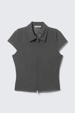 Dunkelgrau meliert - Eng anliegendes Kurzarm-Top mit Reißverschluss - 3