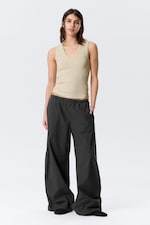 Light Beige - Ribbed V-neck Tank Top - 1