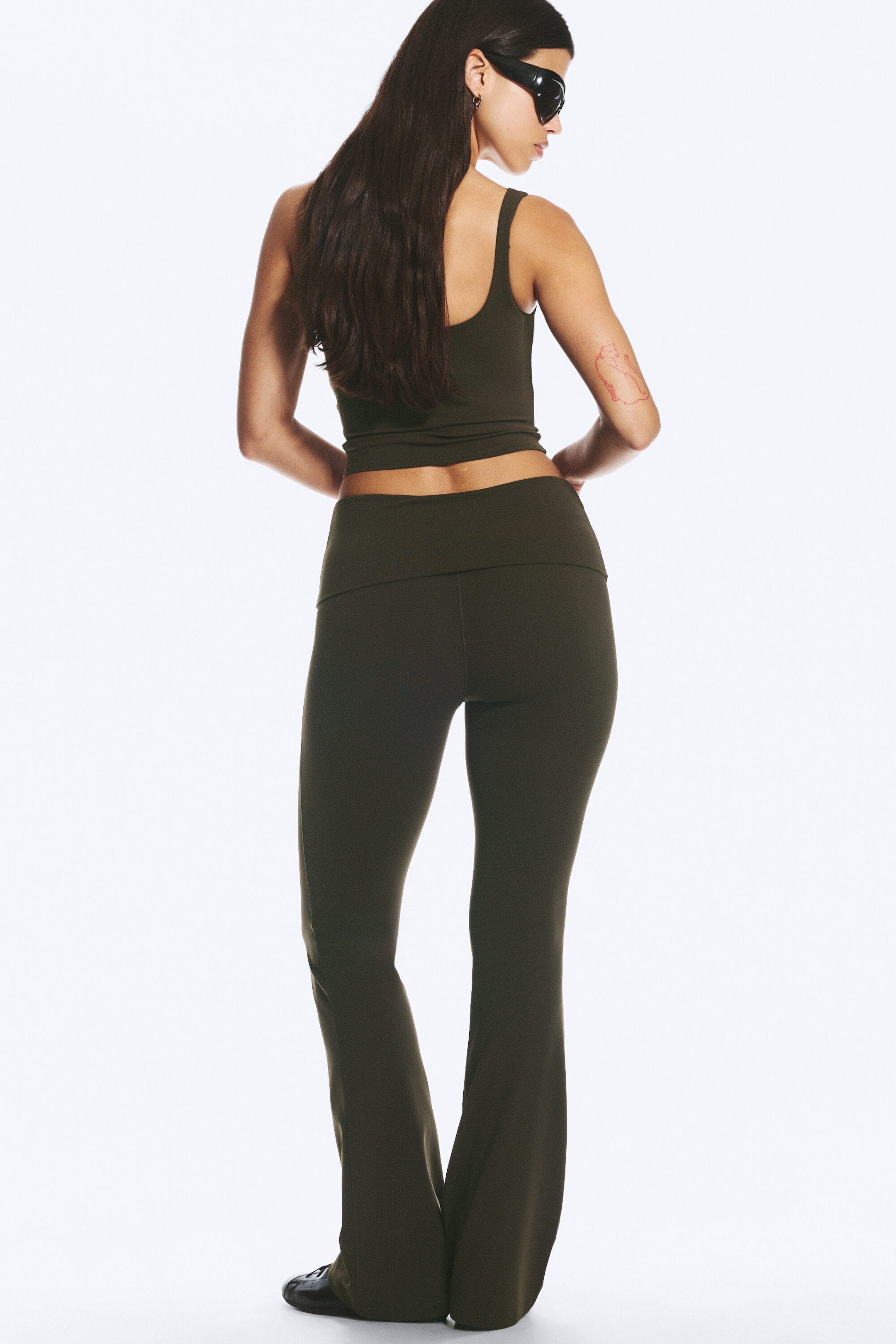 Dark Brown - Folded Waist Flared Yoga Tights - 3