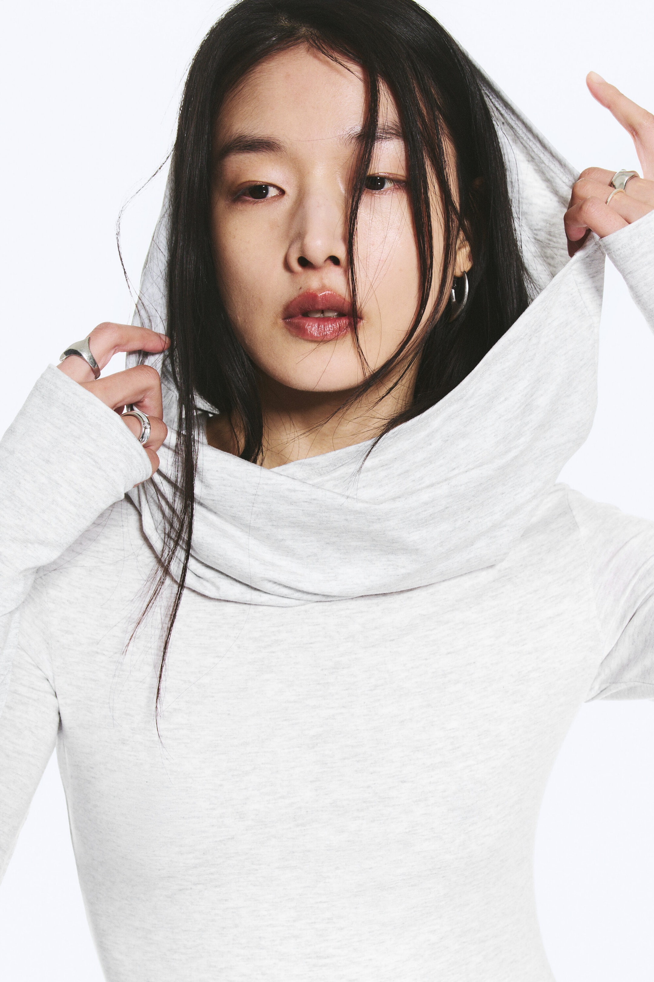 Gråmelerad - Långärmad Miniklänning med huva - 2