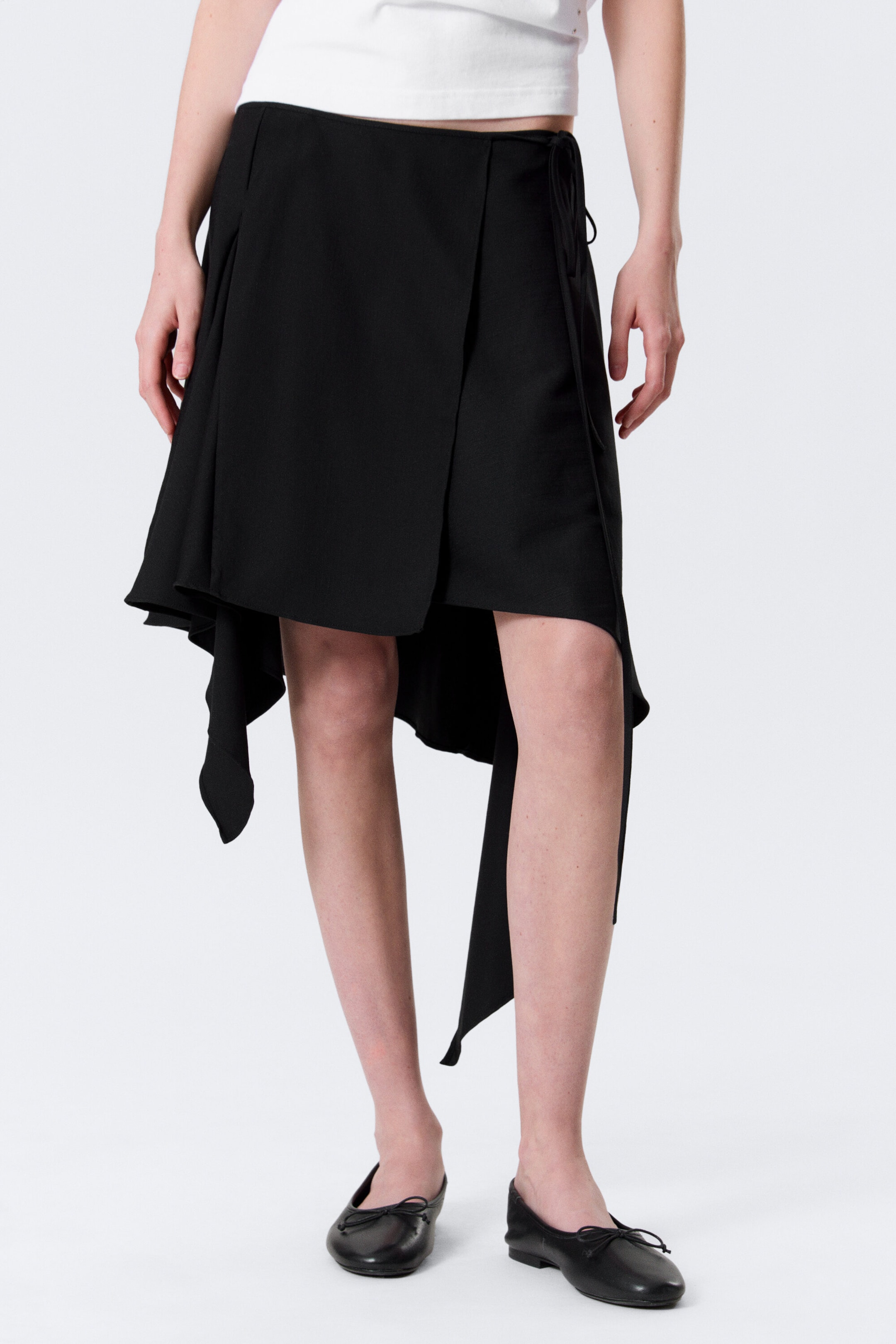 Black - Asymmetric Mid Rise Wrap Midi Skirt - 2
