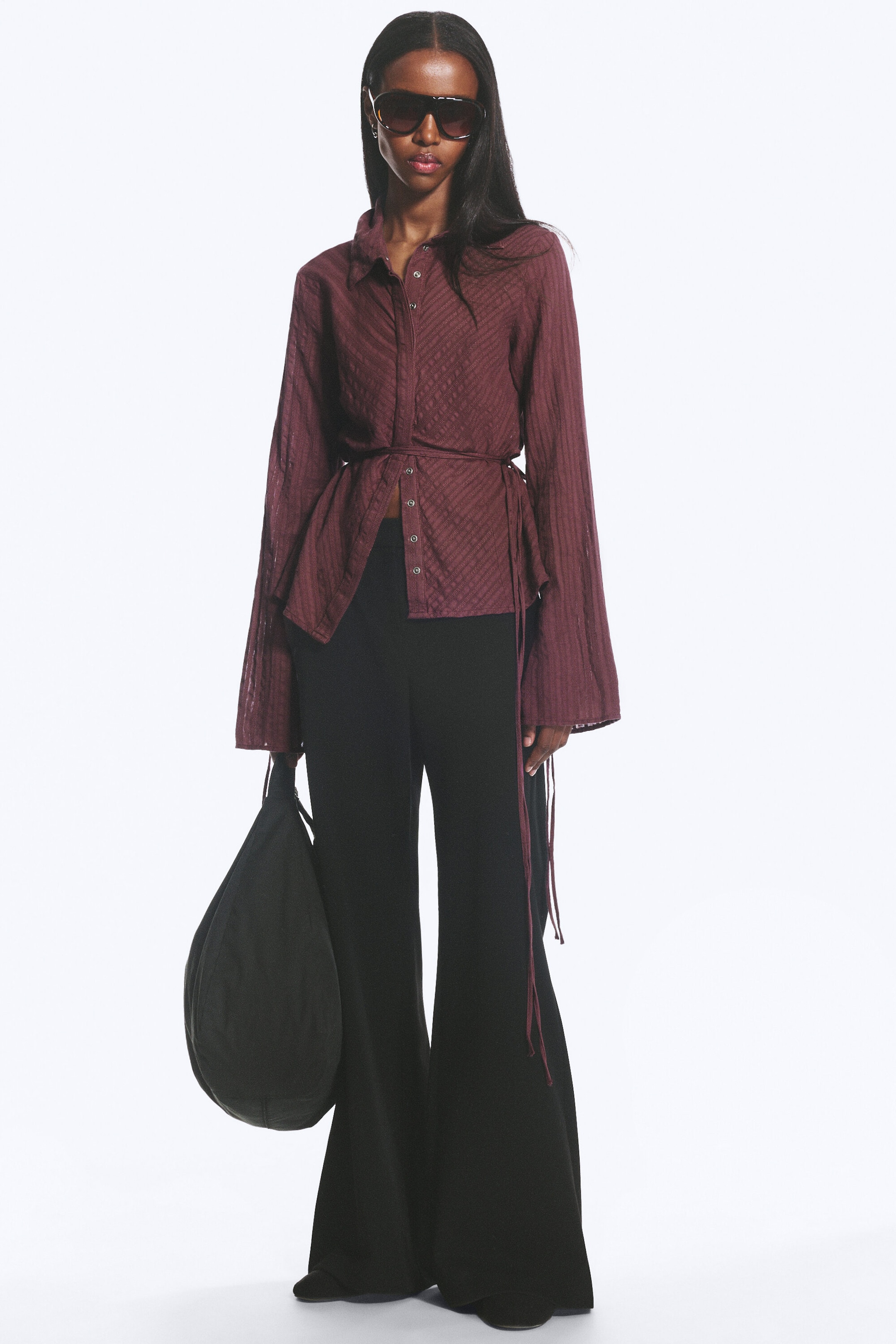 Striped Dark Purple - Tie‑Detail Cotton Shirt - 1