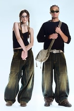 Washed Sulfur - Dark Khaki - Dunno Unisex Low Rise Loose Barrel Leg Jeans - 0