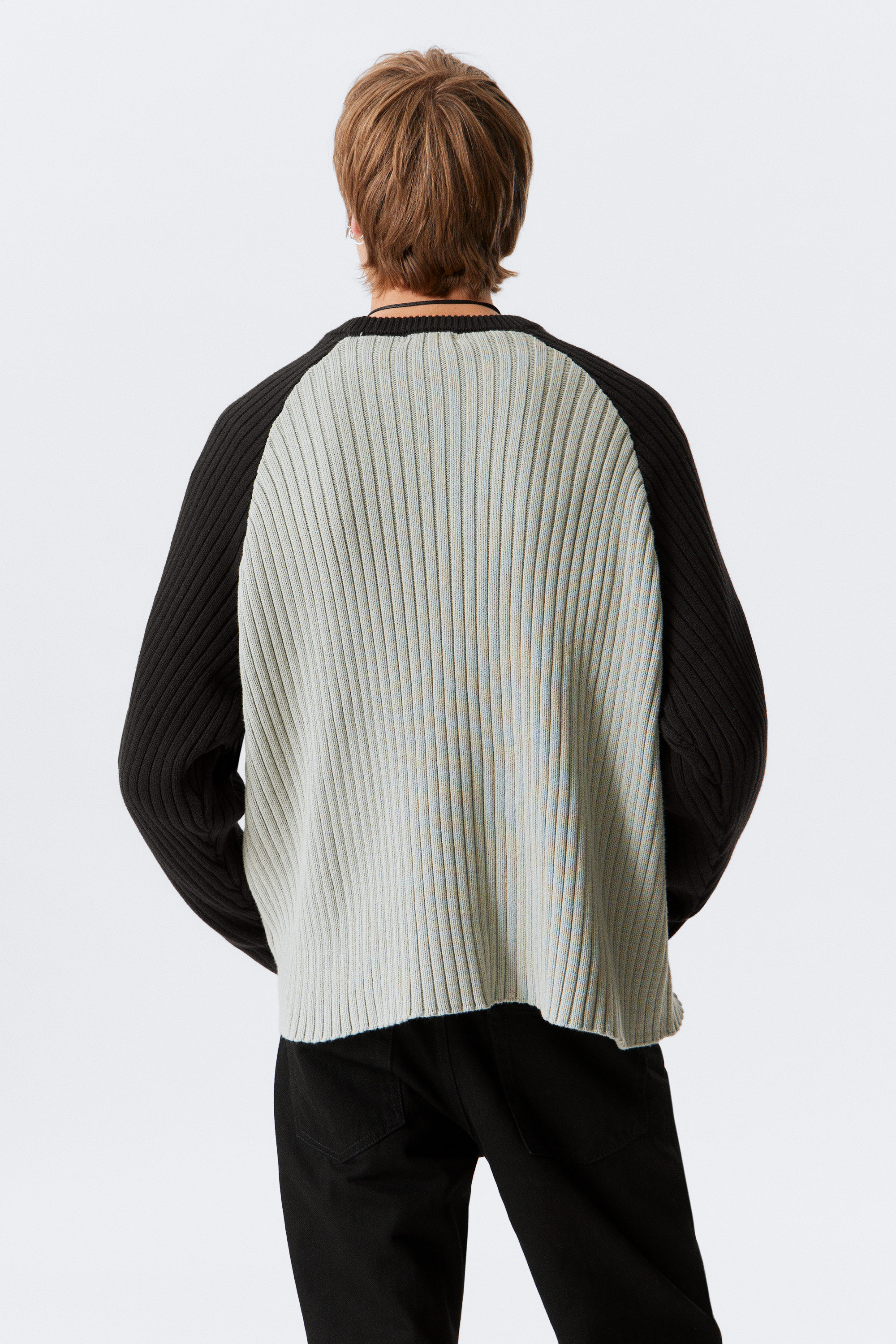 Grey/Black - Raglan-Sleeved Ribbed Cotton Sweater - 2