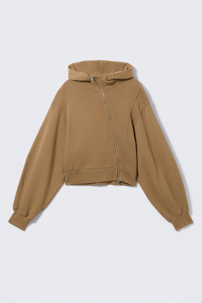 Cropped Asymmetric Zip Hoodie - Washed Dark Beige - 1