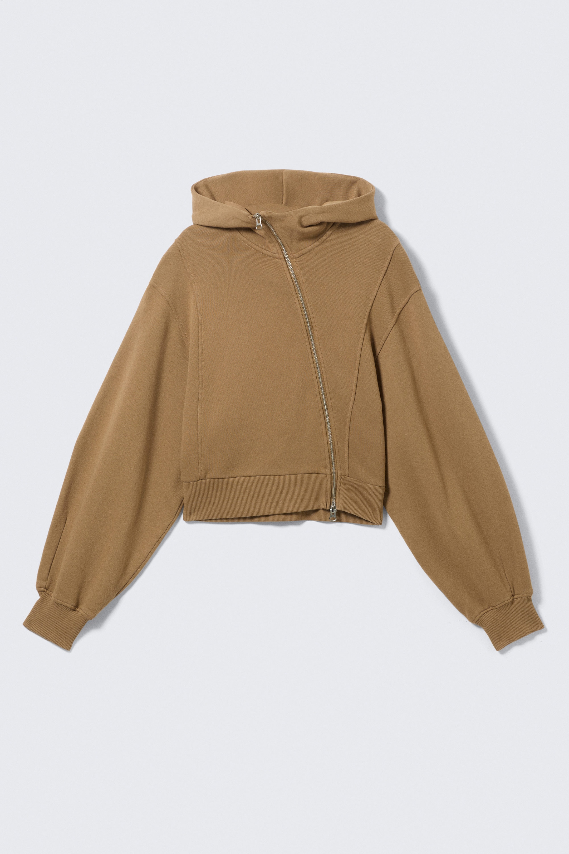 Washed Dark Beige - Cropped Asymmetric Zip Hoodie - 4