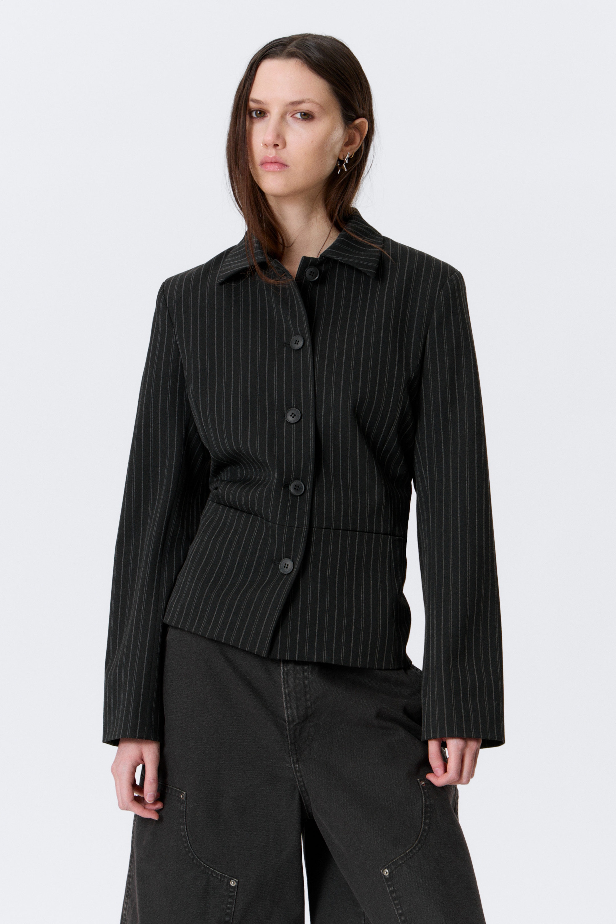 Pinstriped Black - Lean Buttoned Jacket - 1
