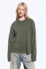 Washed Dark Khaki Green - Long-Sleeved Boxy Cotton T-shirt - 1