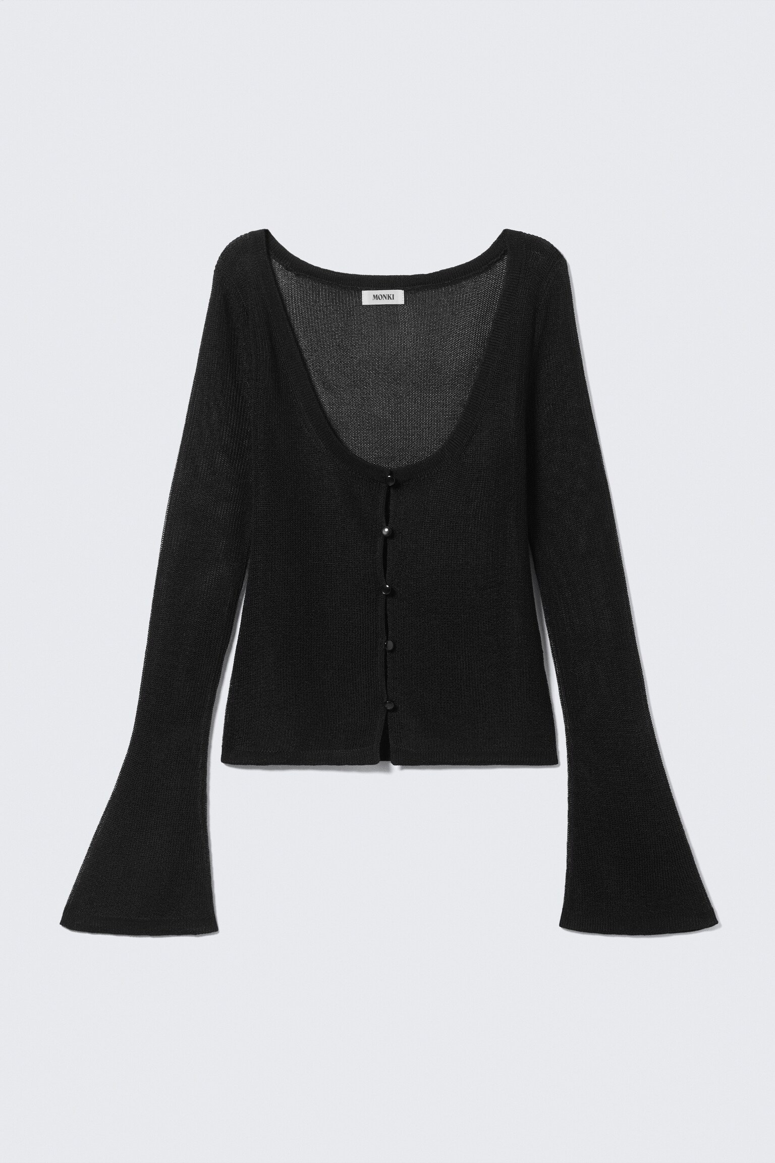 Open Knit Buttoned Cardigan - Black - 2