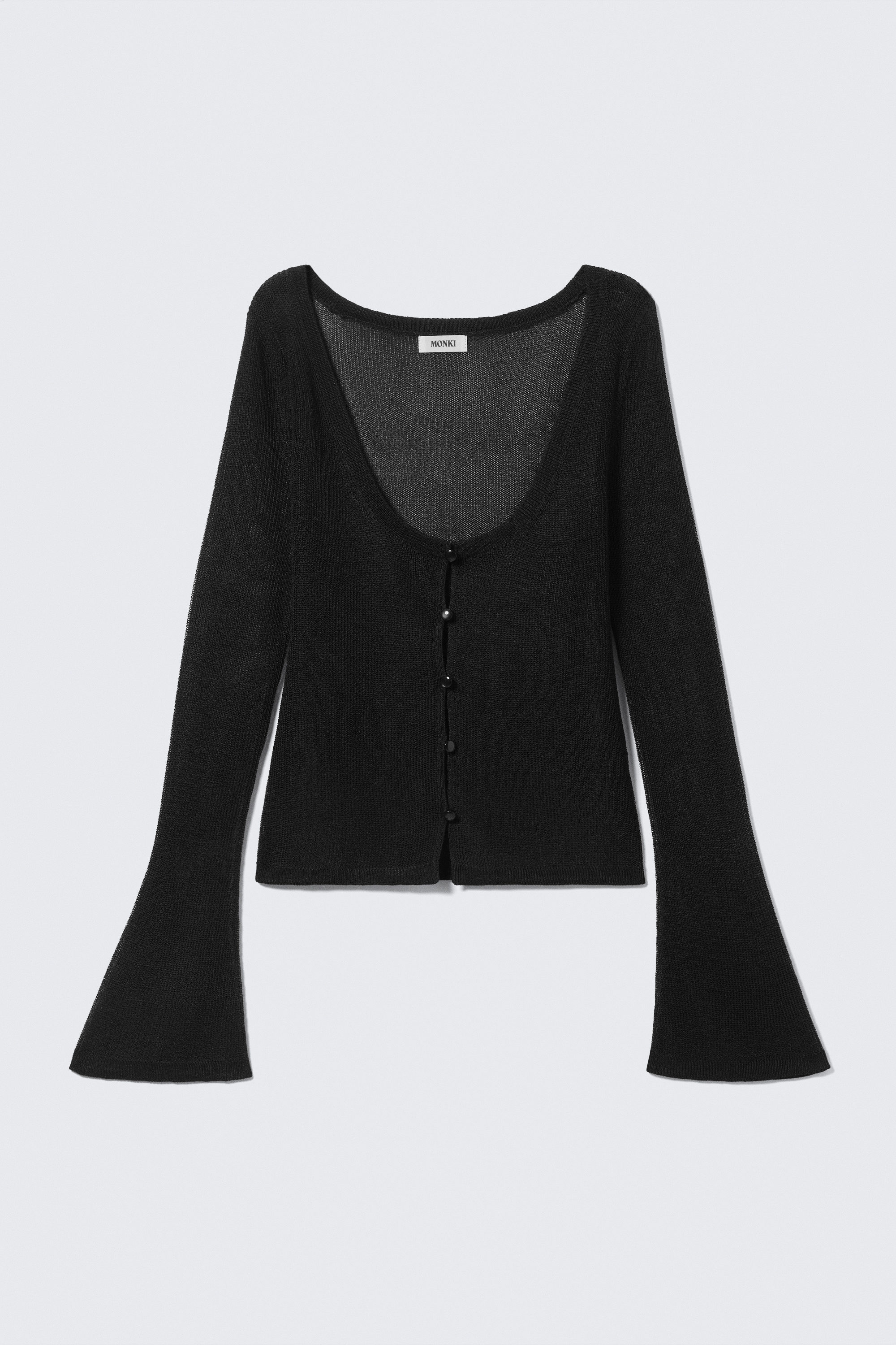 Black - Open Knit Buttoned Cardigan - 3