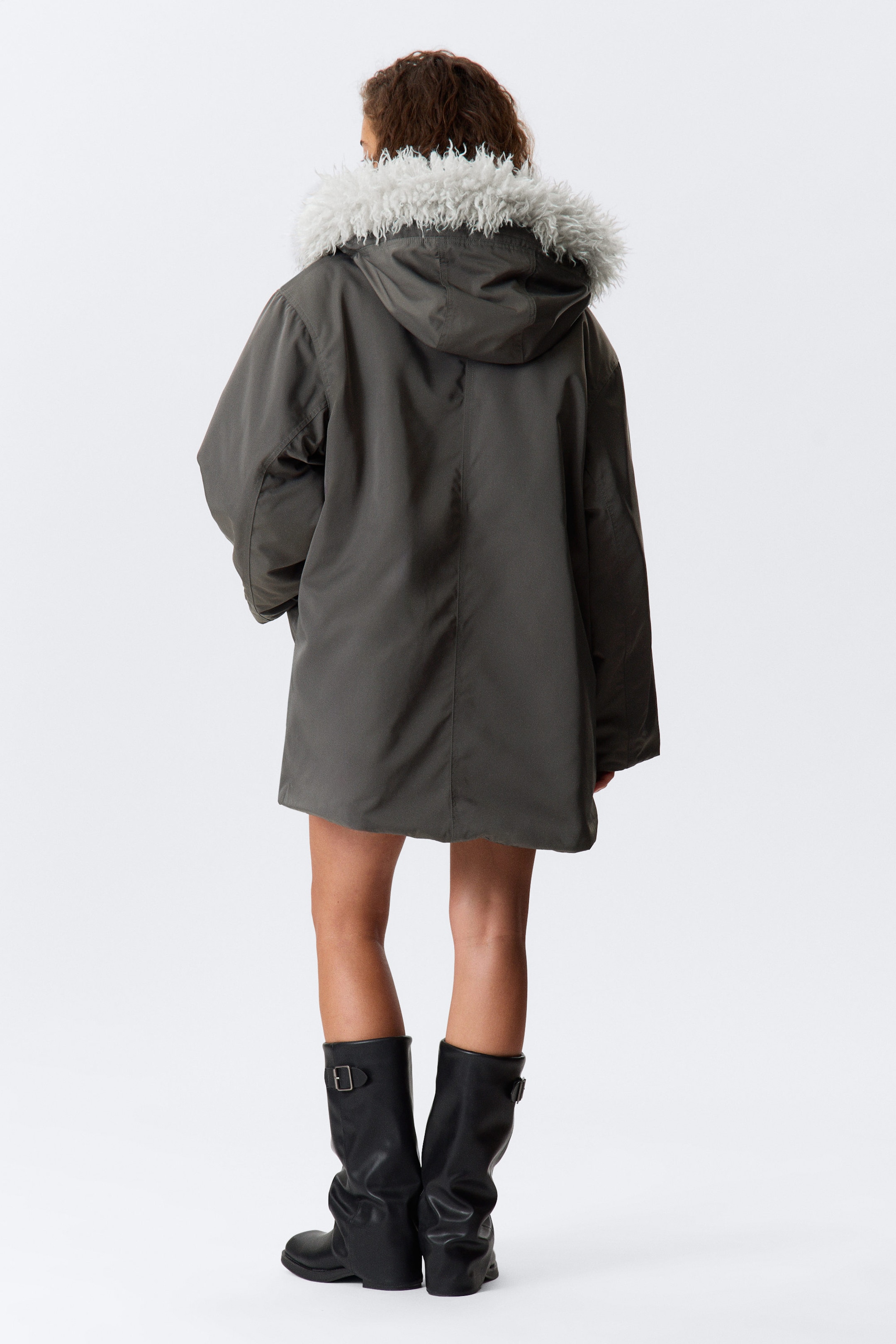 Dark Grey - Padded Bomber Parka with Faux Fur Trim - 4