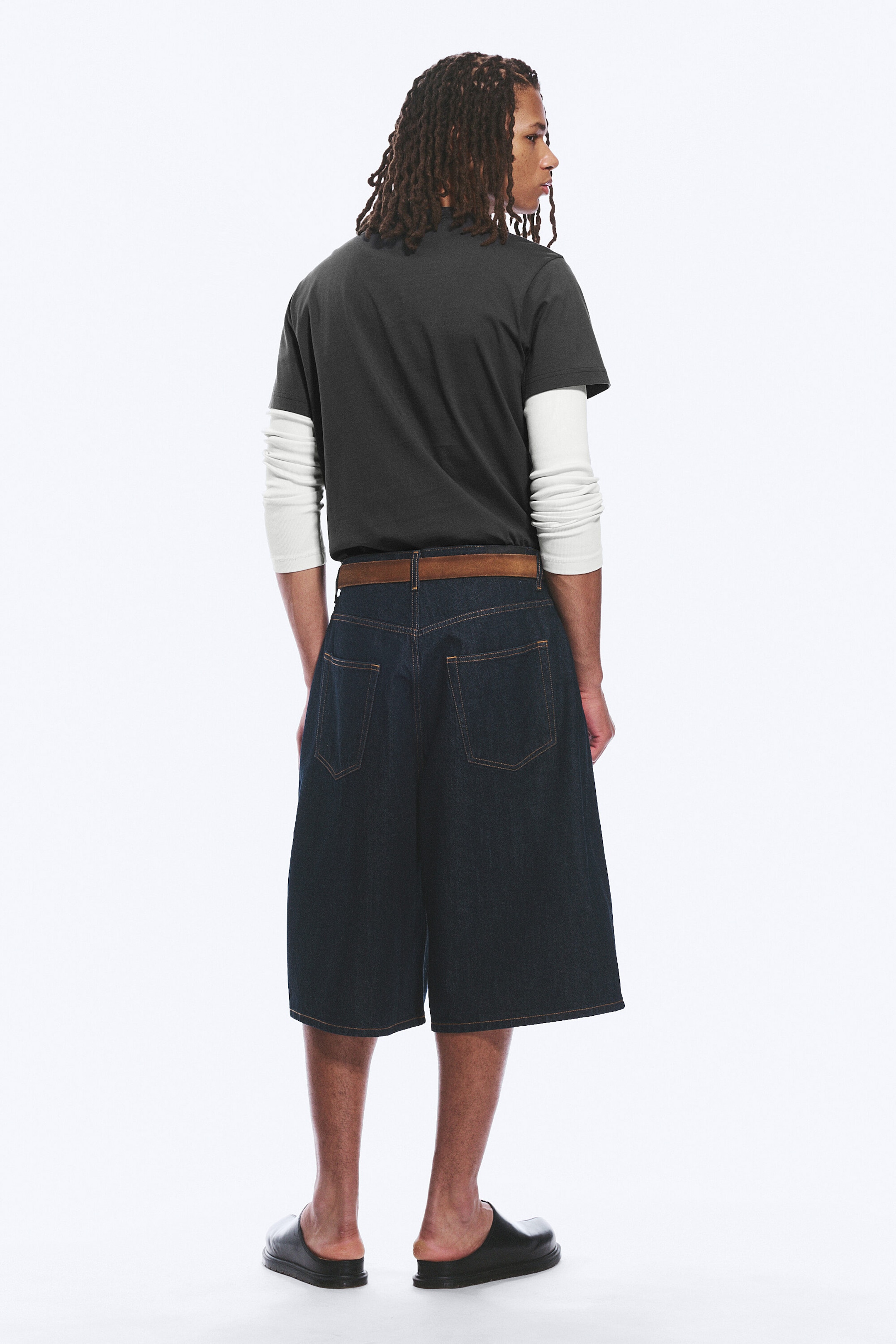 Blue Rinse - Dark Blue - Void Mid Rise Loose Long Denim Shorts - 3