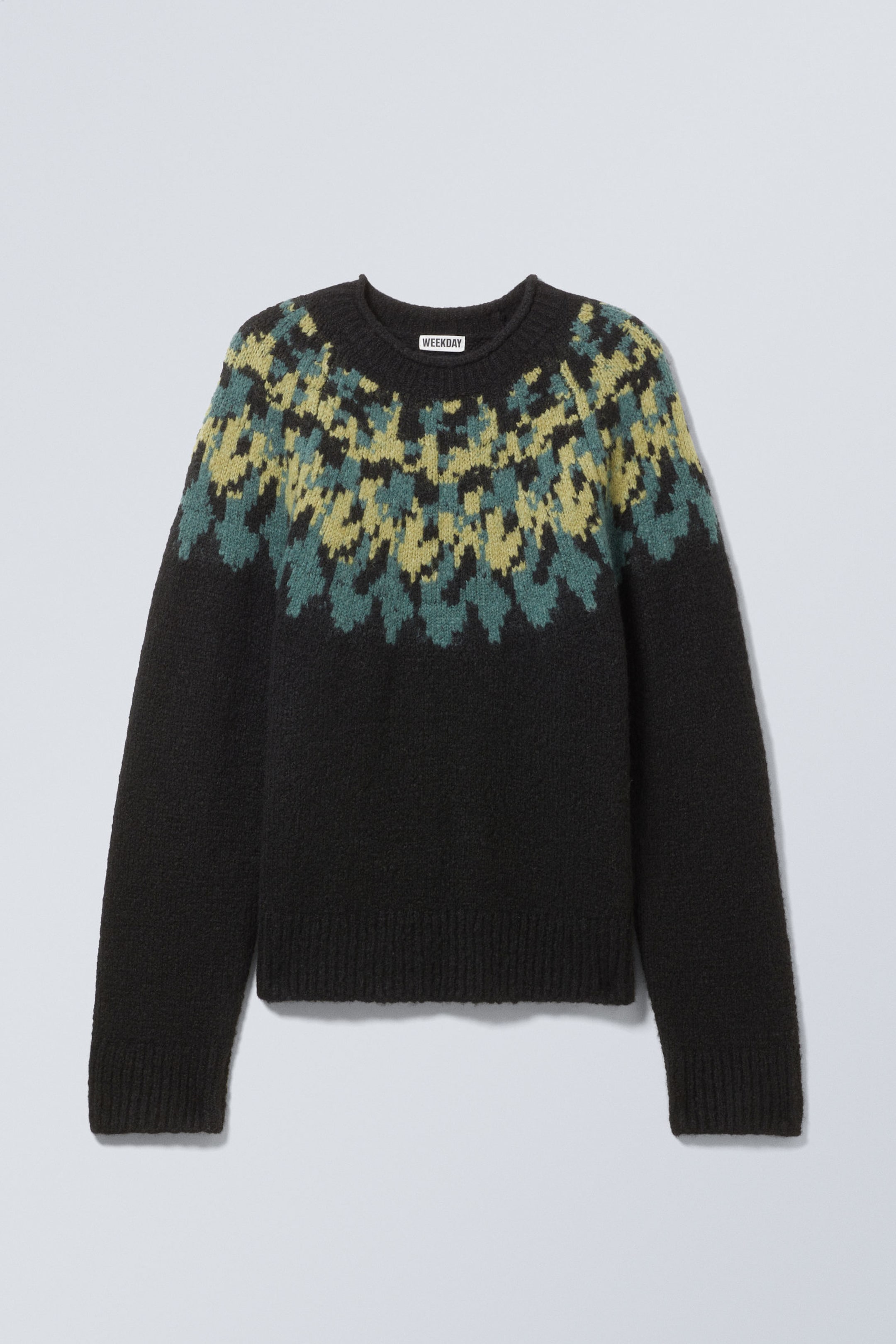 Black - Petrol/Yellow Pattern - Oversized Knitted Wool-Blend Raglan Sweater - 1