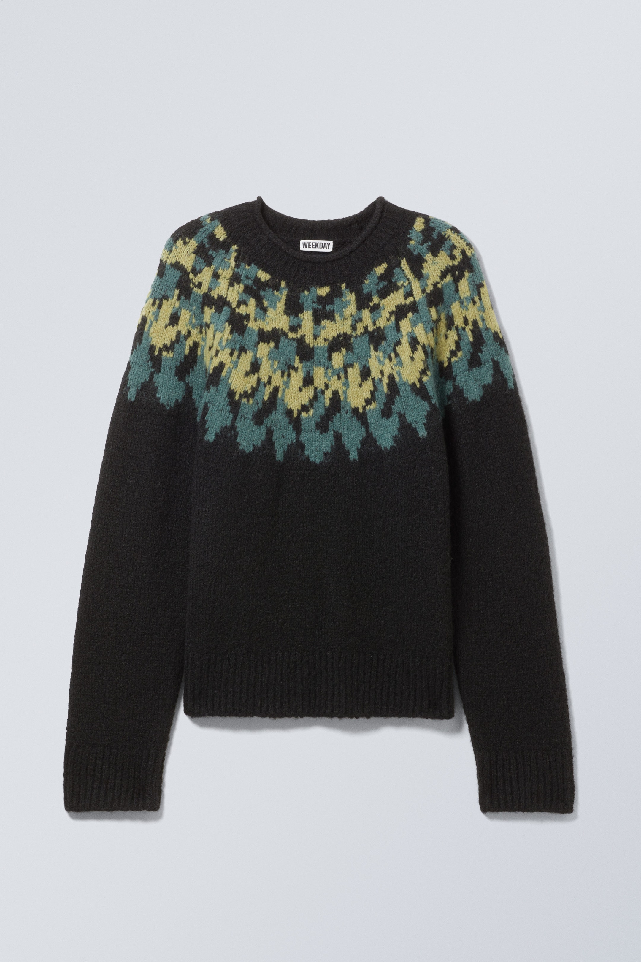 Schwarz - Muster Petrol/Gelb - Oversize-Pullover aus Raglan-Strick - 0